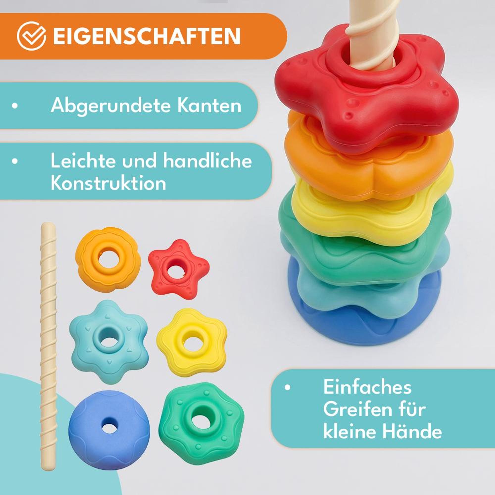 KRUMAD Stapelturm Kinder, Steckspiel mit Ringen, Lernspielzeug ab 3 Jahre, Montessori Stapelspiel, Farben & Formen lernen, Motorikspielzeug Baby