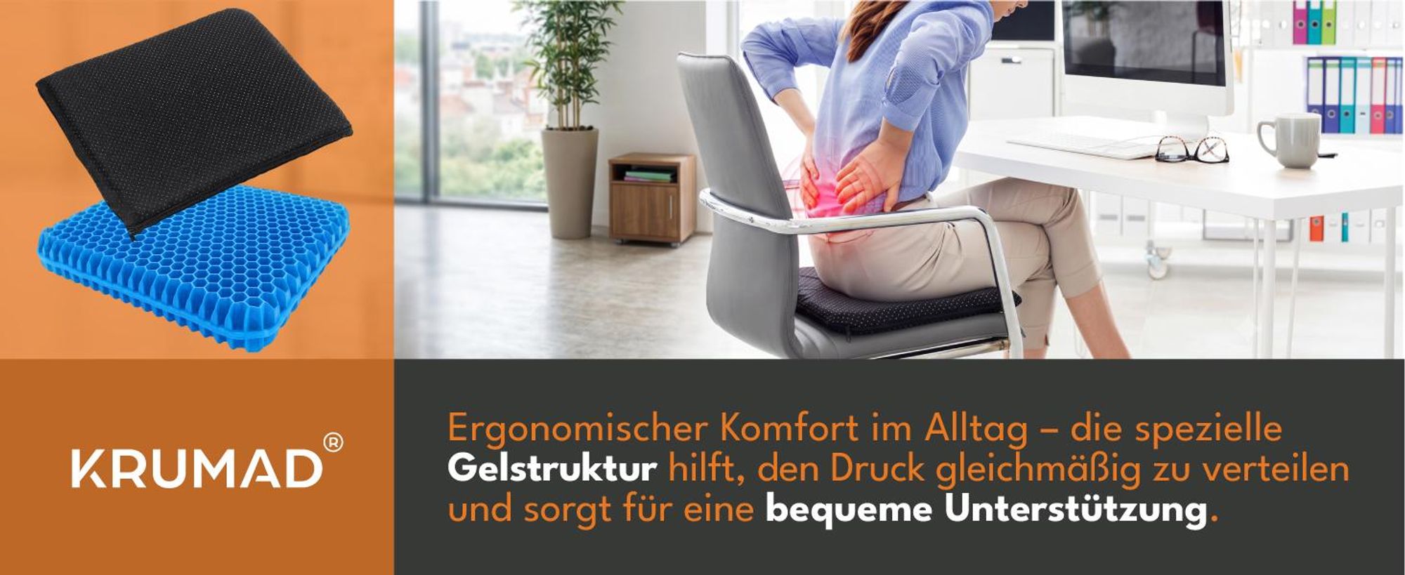 KRUMAD Orthopädisches Sitzkissen Gel, Bürostuhl Kissen, Sitzauflage für Stuhl, Auto und Rollstuhl, ergonomisches Gelkissen 40 x 35 cm
