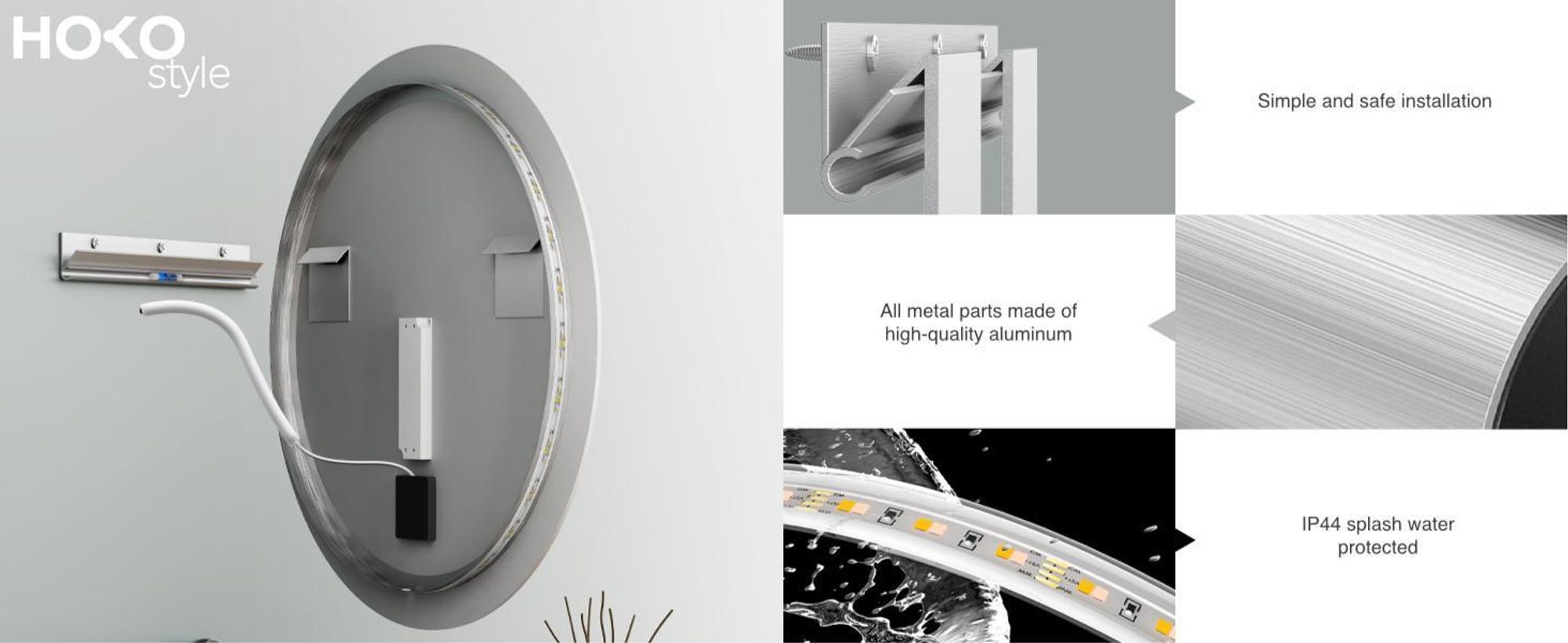 Miroir de salle de bain HOKO Design rond à LED, 60 cm, avec réglage continu de la température de couleur (2700 K-6500 K : blanc chaud - blanc froid - neutre), interrupteur tactile, fonction mémoire, IP44