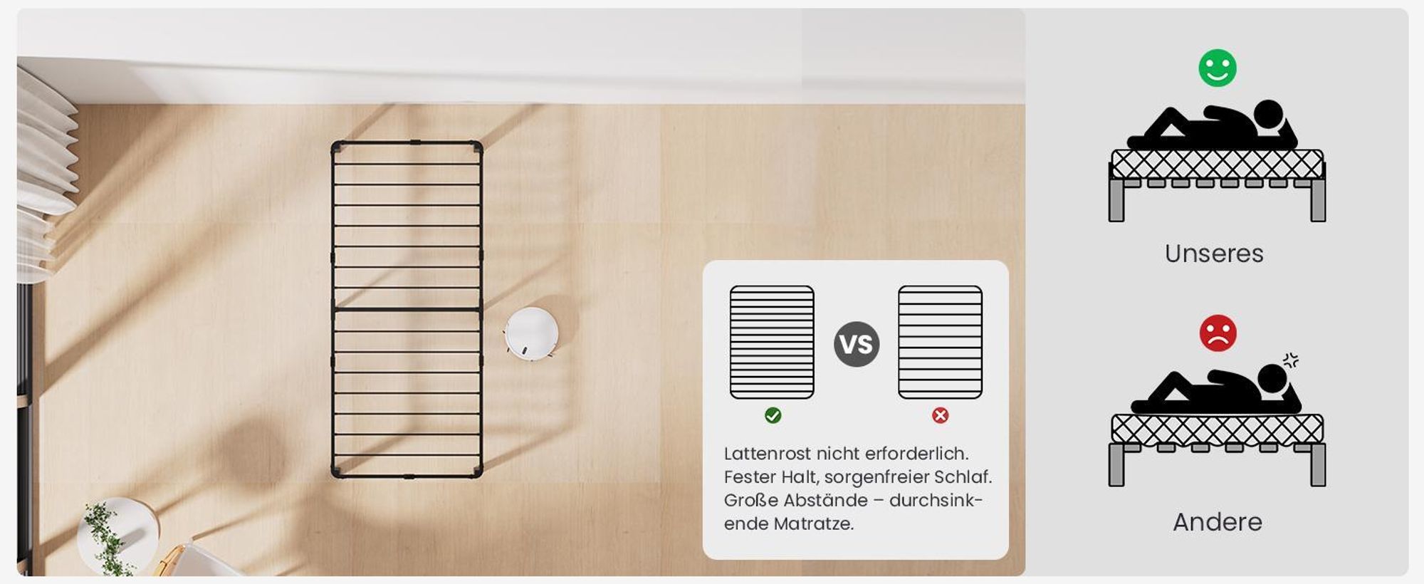 90 x 200 cm Bett , Bettgestell mit Stauraum, KUTAS Betten mit 14 Reihen Metalllamellen & fächerförmigen Füßen, Industriestil, bis 260 kg, Schwarz