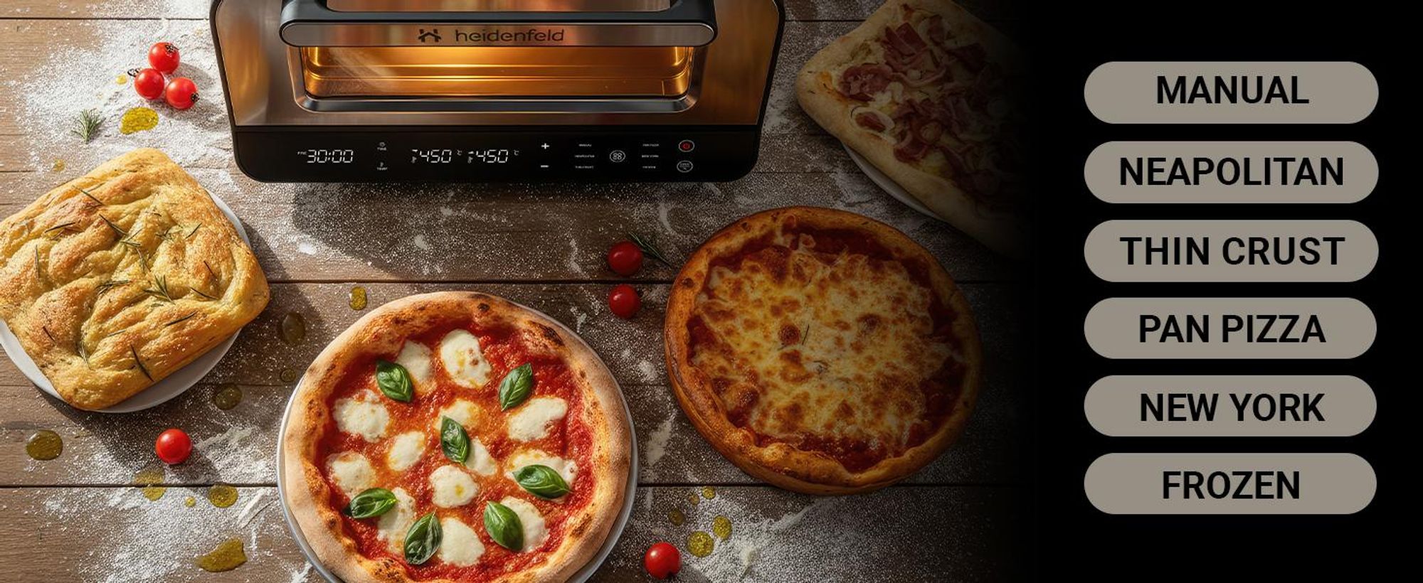 Heidenfeld Pizzaofen Pizzaboss | Elektrischer Pizza Ofen - Backofen - Pizzabackofen - Pizzamaker - inkl. Pizzastein & Pizzaschieber - Bis 450° C