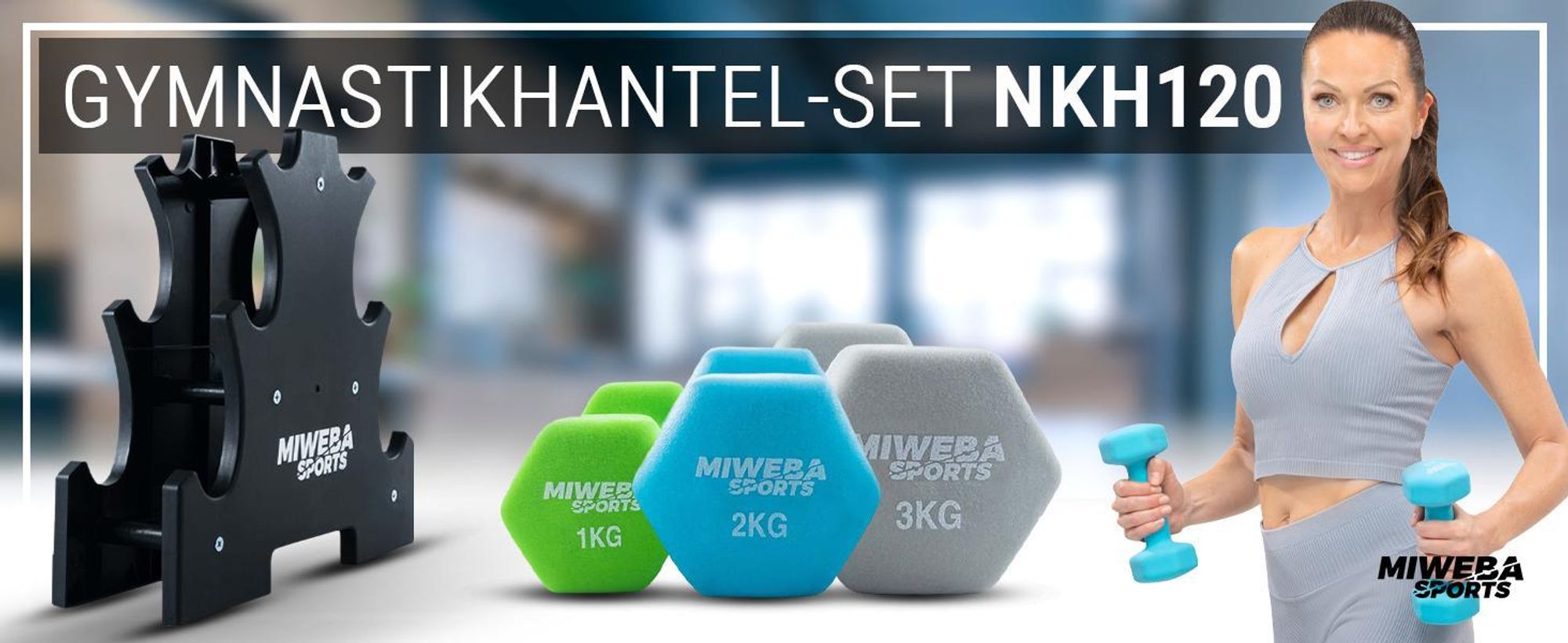 Miweba Sports Hantelset Kurzhanteln | Kurzhantel Set mit Hantelablage - 6-tlg - Kurzhanteln 1 kg Grün, 2 kg Türkis, 3 kg Grau - Neopren Hanteln