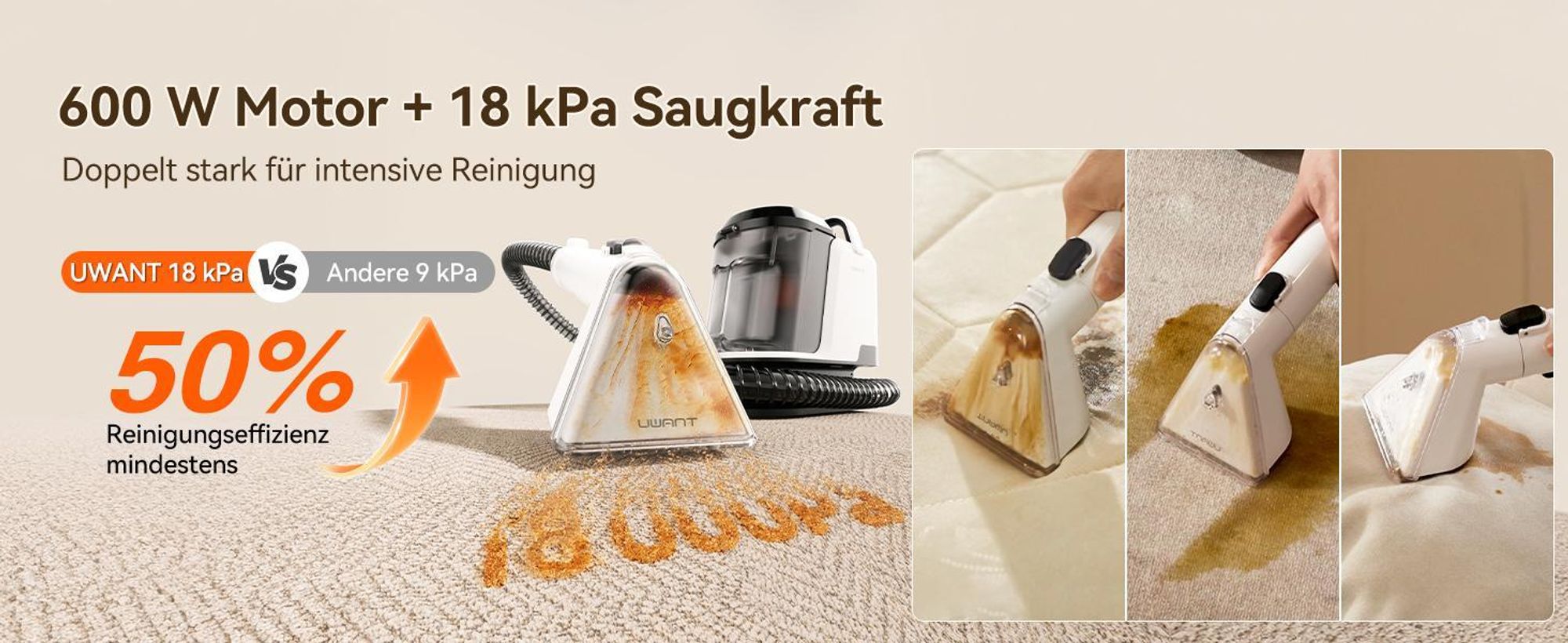 Uwant Y100 Polsterreiniger Gerät, Nasssauger mit 18KPA für Sofa, Teppich und Auto, 600 W Waschsauger