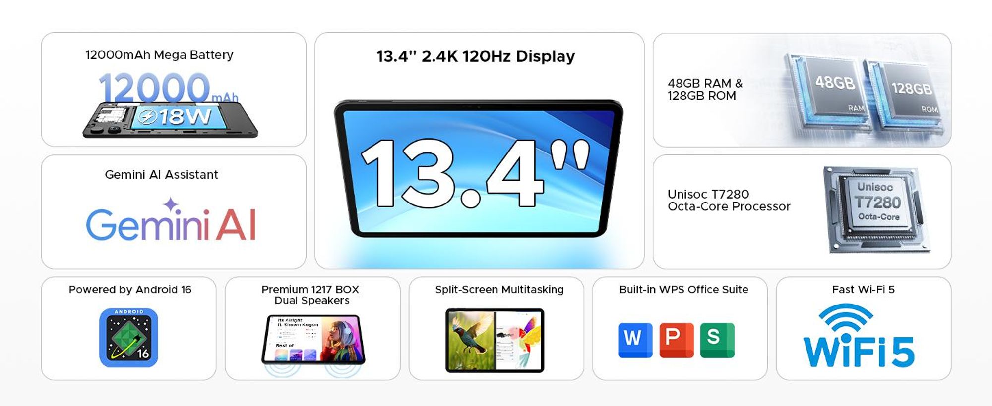 POCKAM P13 Tablet, Android 16, 13 inch, 120 Hz, 48 (8+40) GB + 128 GB/TF 2 TB, 12000 mAh, 5G WiFi, met stylus/muis/toetsenbord, 13MP+8MP/Widevine L1/Gemini AI