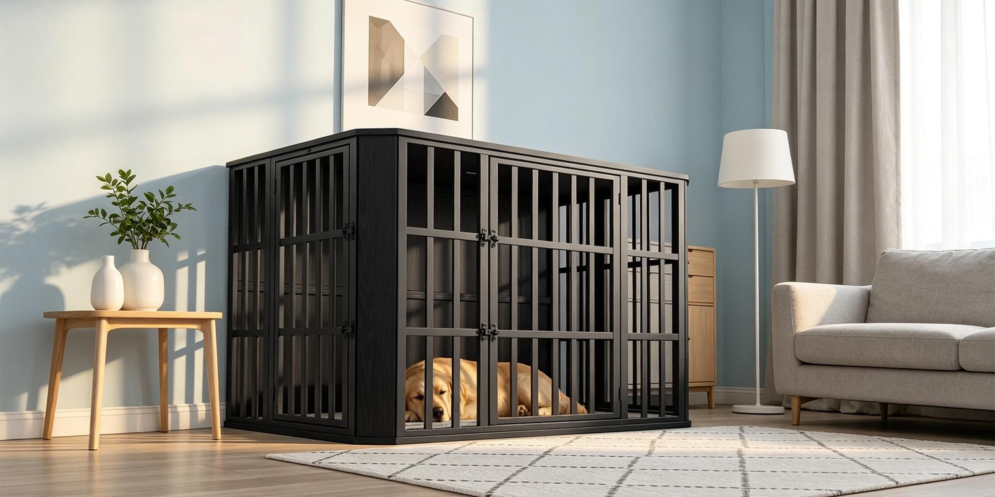 Hundekäfig Möbel, Hundebox Möbel, Mehrtür-Design, Schwarz | Hundebox aus Holz für den Innenbereich mit Futtertür Oben