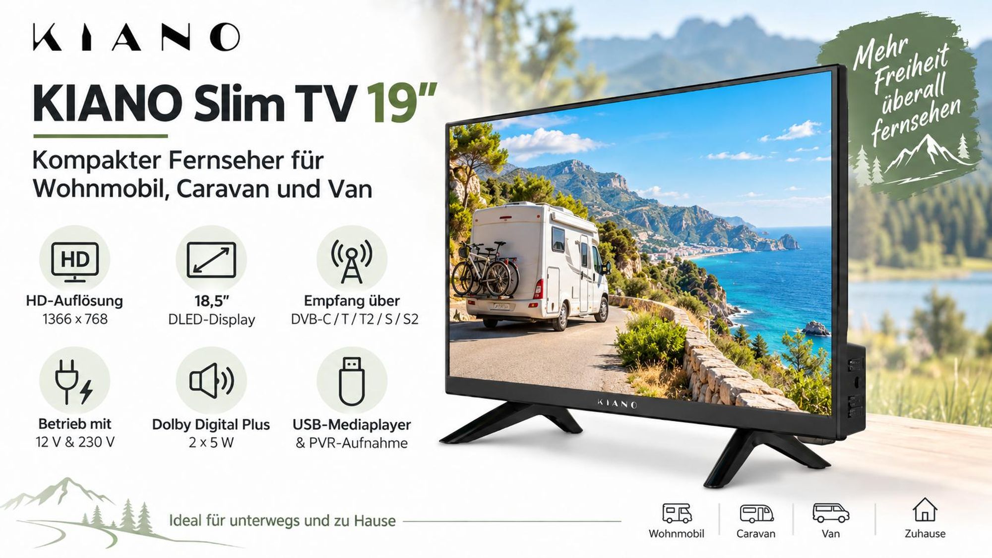 Kiano Slim TV Travel 19 Zoll (48 cm) Camping-Fernseher HD DLED 12V DVB-T2/S2/C