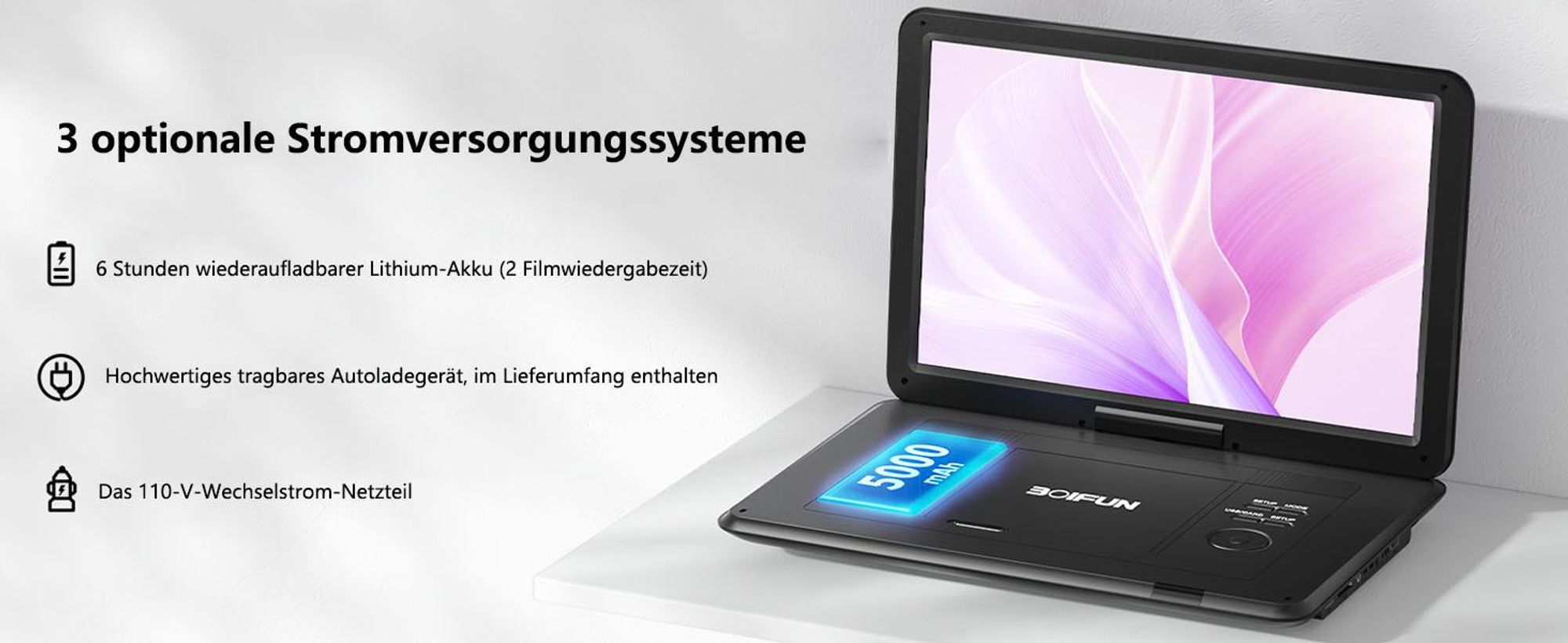 17,5 Zoll Tragbarer Fernseher mit Integriertem DVD-Player,6 Stunden Wiederaufladbare Batterie, Akku USB-Anschluss TF-Karte Sync TV/Projektor Bildschir