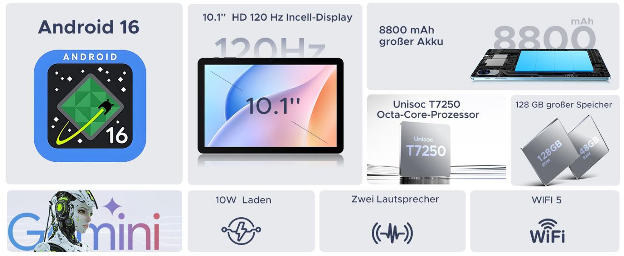 POCKAM P10 PRO 48(8+40)GB+128GB, 10 Zoll, Android 16, 8800mAh, mit Tastatur/Maus/Stift/Hülle usw, BT5.0, 5G WiFi, Gemini AI, 3.5mm Kopfhöreranschluss