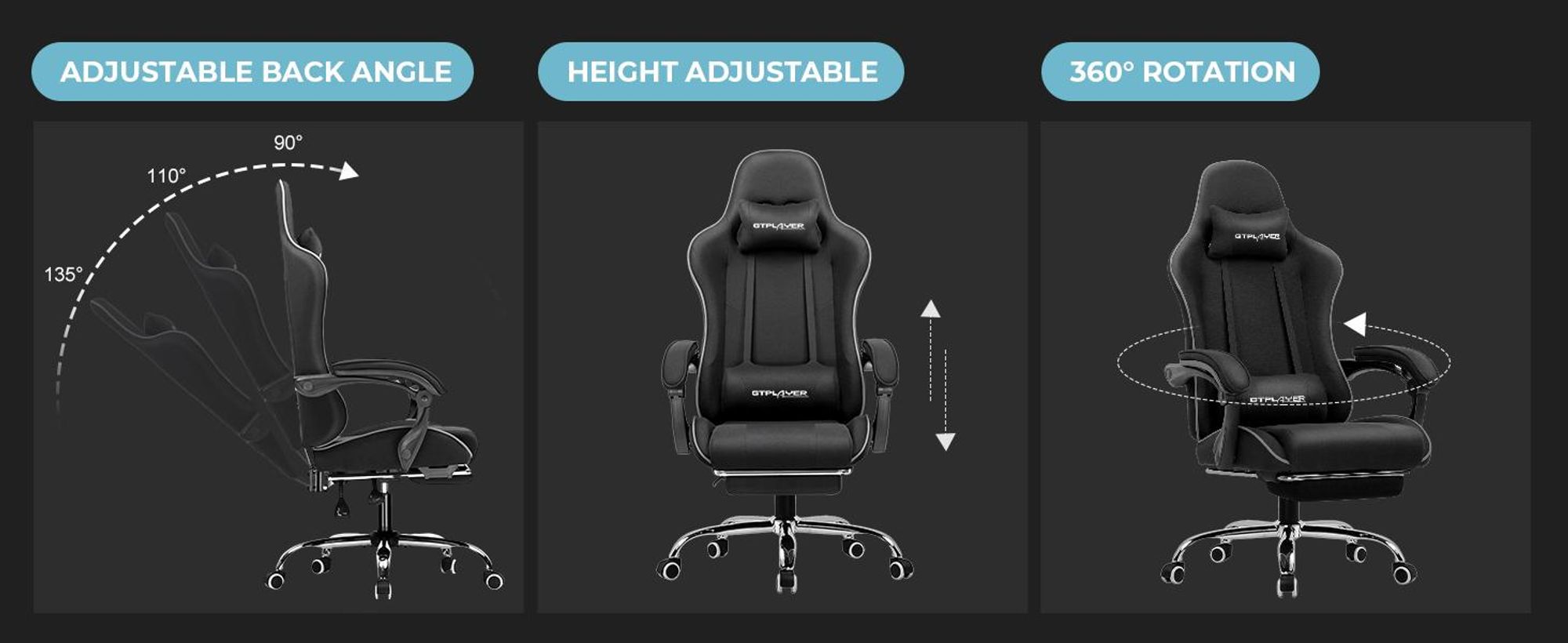 GTPLAYER Kancelářská židle Herní židle Látkové herní křeslo Ergonomická herní židle s opěrkou nohou, bederní opěrka hlavy, polstrovaná herní židle, černá