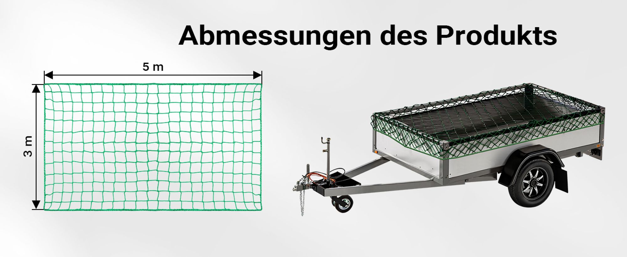 Wiltec Ladungssicherungsnetz 5x3 m Grün Masche 4,5x4,5 cm Stärke 3 mm Polypropylen Transportnetz für Anhänger mit Randkördel Witterungsbeständig Ladung Sicherheit