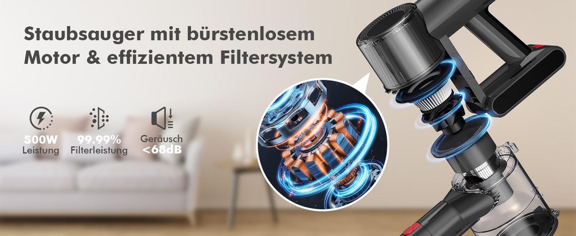 65000PA/500W Akku Staubsauger Kabellos, 6-in-1 Bürstenloser Staubsauger, Touch Display, Anti-Tangle-Staubsauger, Starke Saugleistung Staubsauger