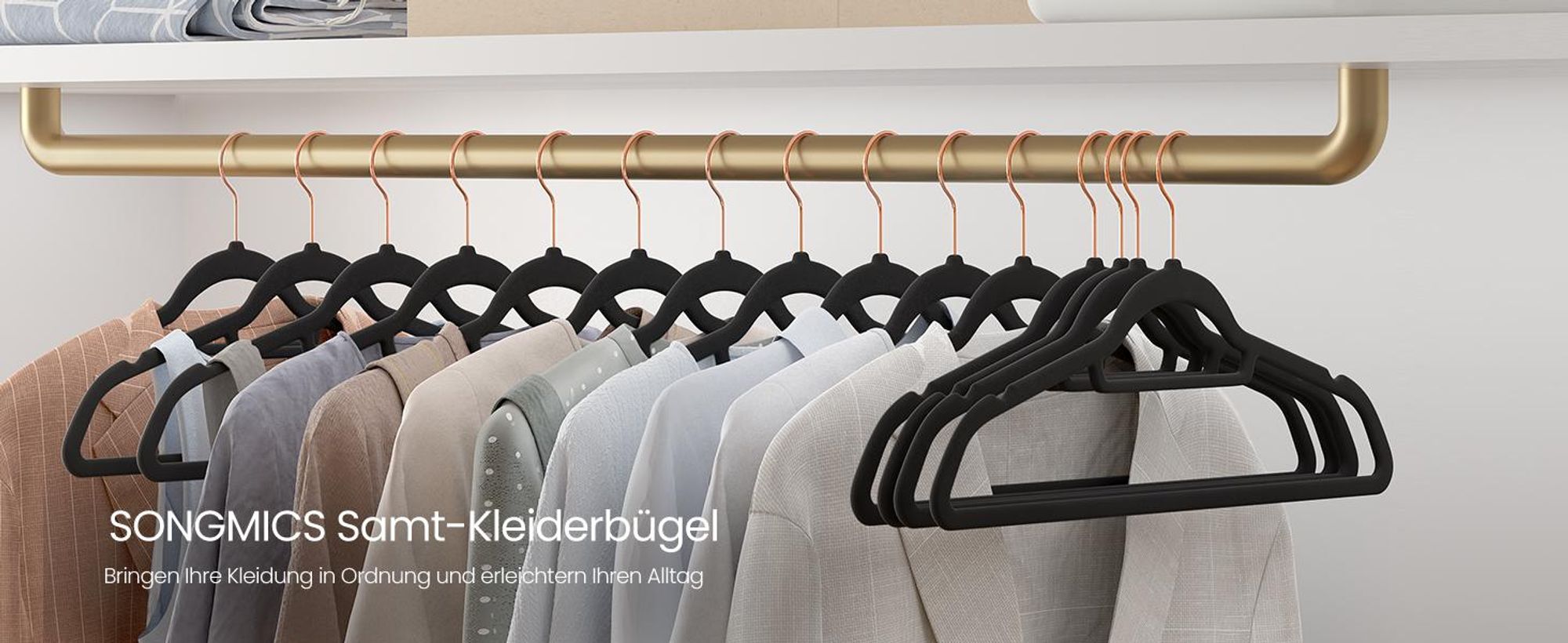 SONGMICS Samt-Kleiderbügel, 30 Stück, Anti-Rutsch, Jackenbügel, drehbarer Haken in Roségold, Dicke 0,6 cm, platzsparend, 45 cm lang, für Jacken, Hemden, Röcke, Hosen, Krawatten, schwarz CRF21BK30