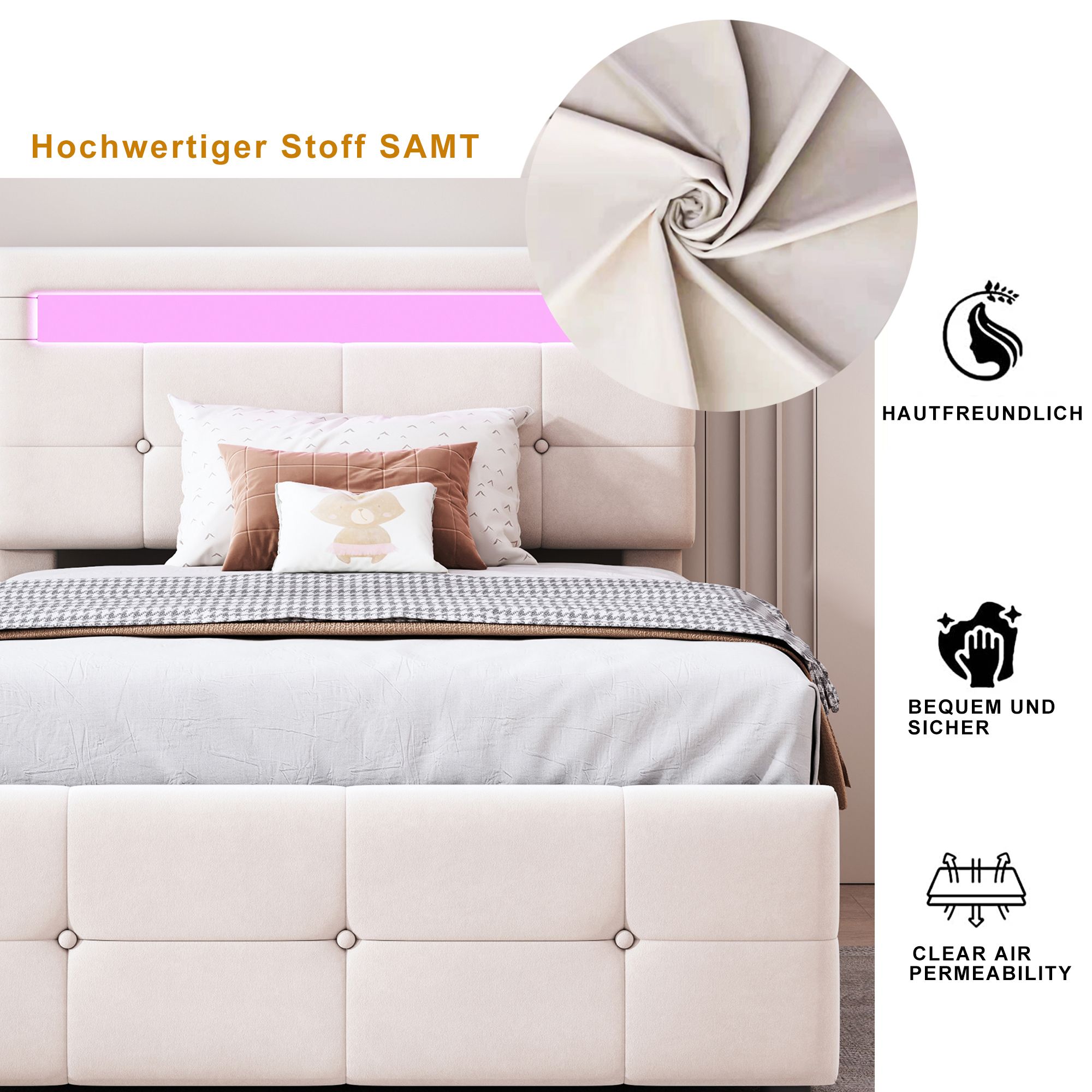 Flieks Hydraulisches Polsterbett 90x200cm mit LED, Jugendbett Einzelbett mit Lattenrost, Stauraumbett Boxspringbett höhenverstellbarem Kopfteil, Samt