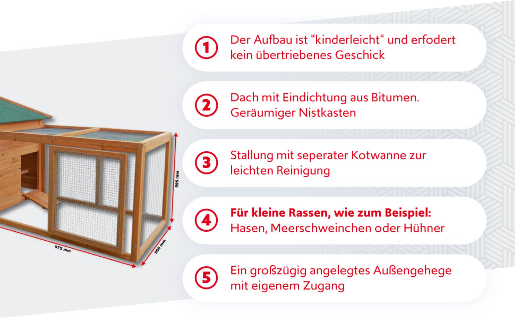 Wiltec Nagerhaus 1950 x 635 x 1200 mm, Hasenstall aus Fichtenholz, mit Bitumeneindeckung, Hühnerstall mit Nistkasten, Kleintierhaus Freilauf Gehege