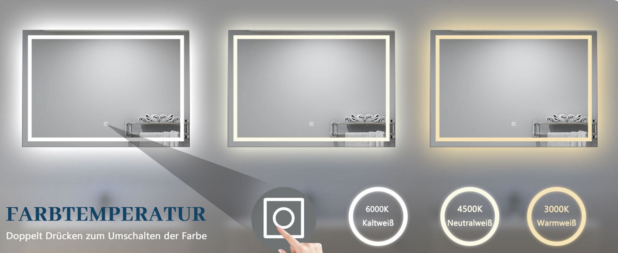 AICA LED Badspiegel 100x80cm Palmer-Serie 3 Lichtfarbe 3000K-6000K Dimmbar Wandspiegel mit Touch/Wandschalter Beschlagfrei Auto-Abschaltung IP44