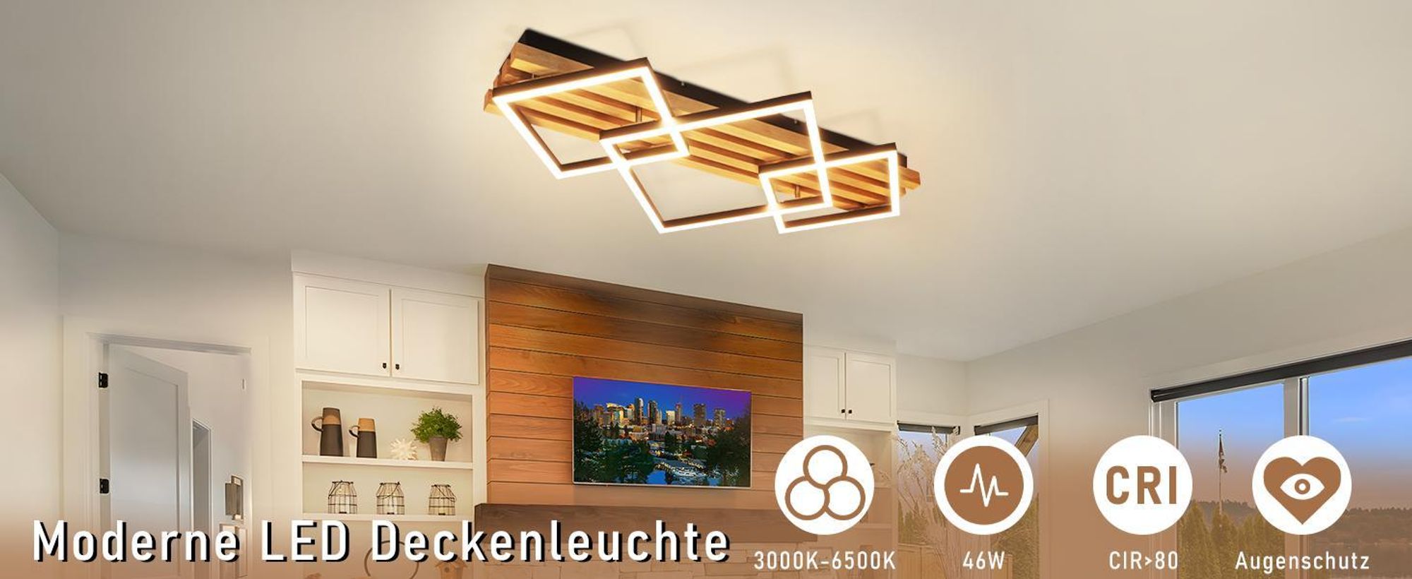 ZMH LED Deckenleuchten Deckenleuchte mit fernbedienung Memory Funktion Holz 70cm Wohnzimmer Schlafzimmer 46W Deckenlampe Schwarz eckig
