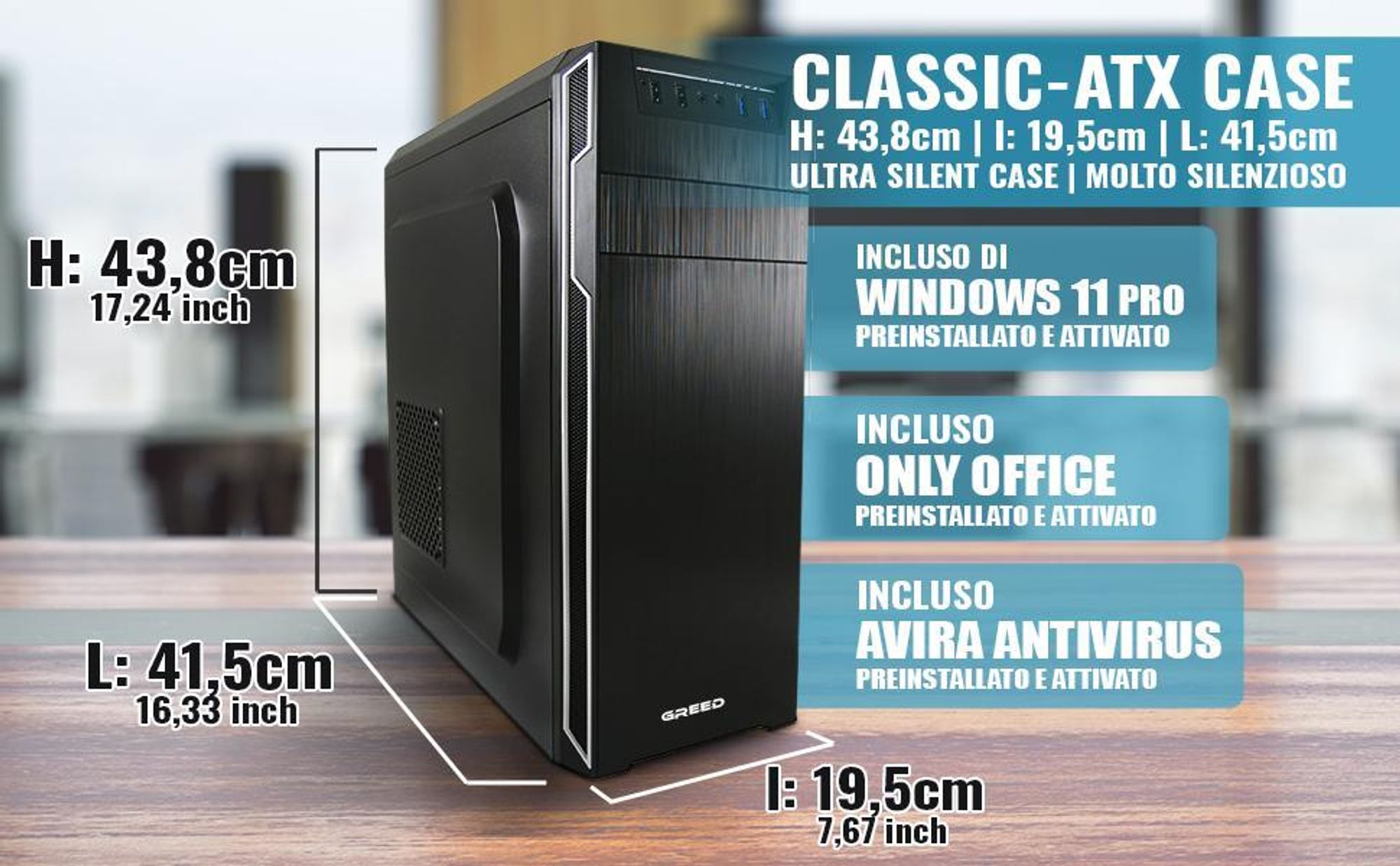 GREED® Multimedia PC - Intel Core i3 12100 - 4,3 GHz - Computer fisso per ufficio - 16GB RAM - 240GB SSD + 1TB HDD - WiFi + Windows 11 Pro