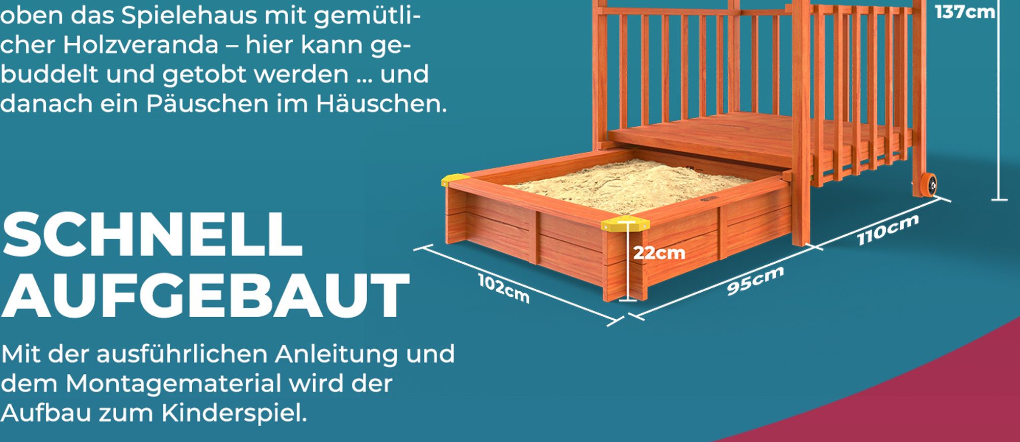 SPIELWERK® Sandkasten Merle Sonnendach 143x130x130cm Veranda 95x95x20cm UV-Schutz Sandbox
