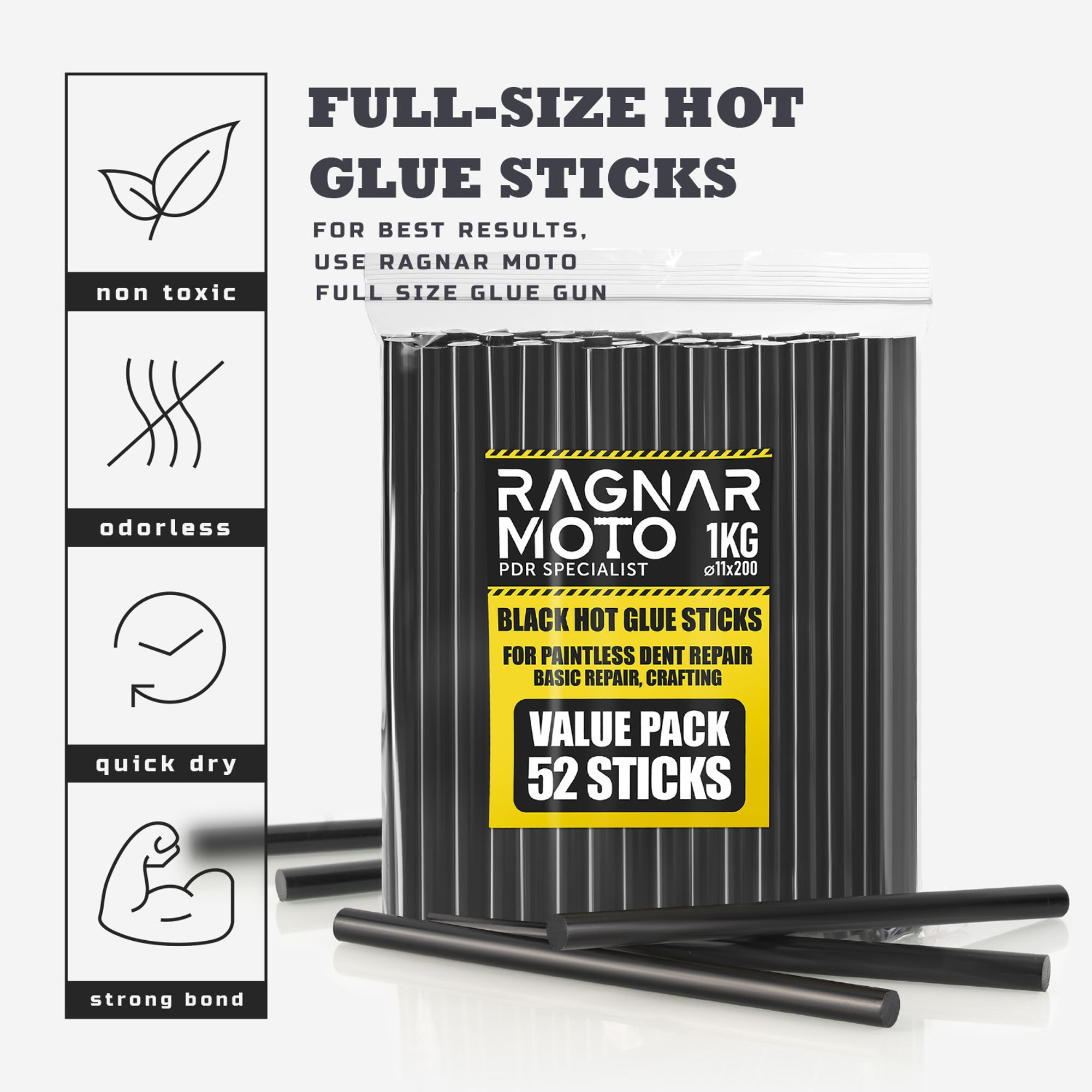 RAGI 1kg Heißklebesticks Schwarz 11mm x 200mm 52 Stück für Heißklebepistole Klebestifte PDR Heißkleber Sticks für Holz Kunststoff Karosserie