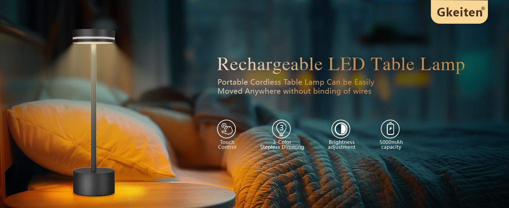2 Stk Tischlampe,Led Tischleuchte Metall,Kabellos Dimmbar Tischleuchte,Touch Steuerung Augenschutz Leselampe,USB Wiederaufladbare,Schwarz