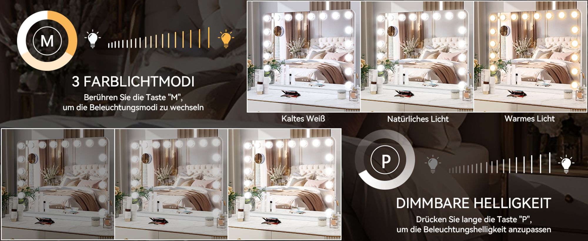 Puluomis Schminkspiegel Kosmetikspiegel 80x60cm Hollywood Spiegel Dimmbar mit 18 LED Beleuchtung 3 Farben, mit USB, 10x, Wandspiegel weiß, rund Ecke