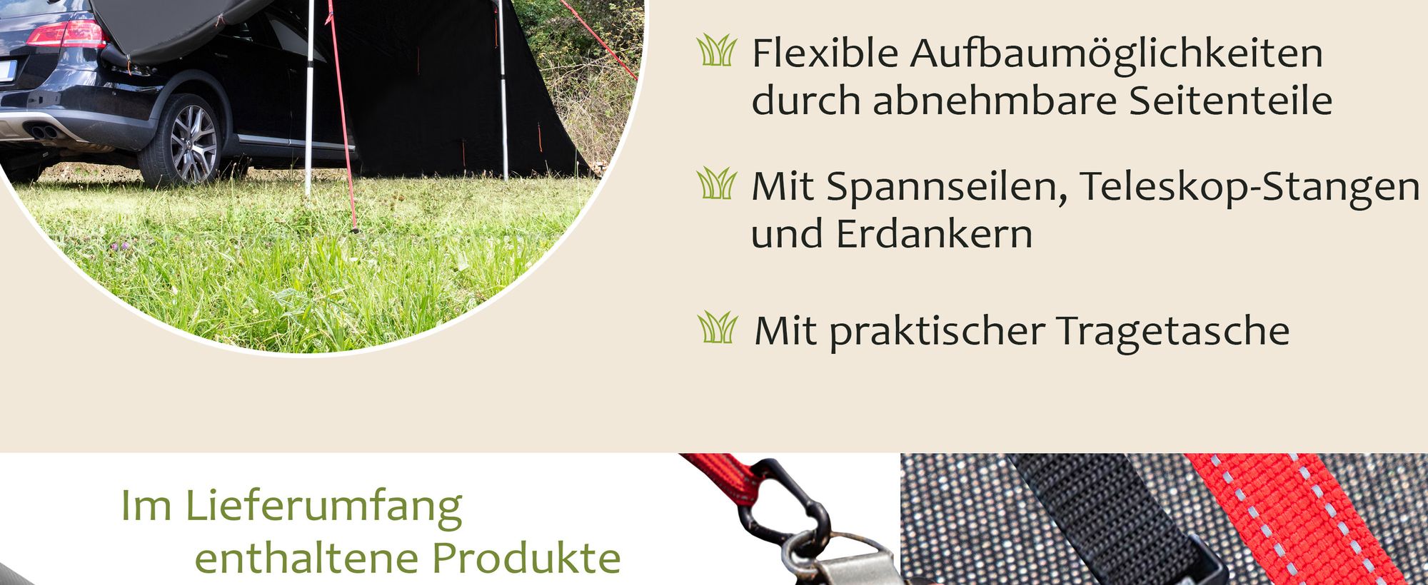 ONVAYA® Auto-Sonnensegel Grau | Schutz vor Wind, Regen, Sonne (UV99) | 6 Aufbauvarianten | Schneller und einfacher Aufbau | Für PKW, Van und Wohnmobil