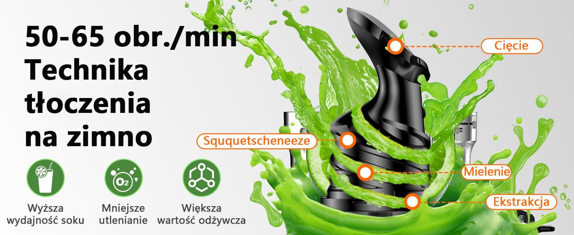 Wyciskarka wolnoobrotowa LINKChef SJ-052-EU-BL, pojemność 1,8 l, odpowiednia do warzyw i owoców, wyposażona w potrójny system filtracji, czarna