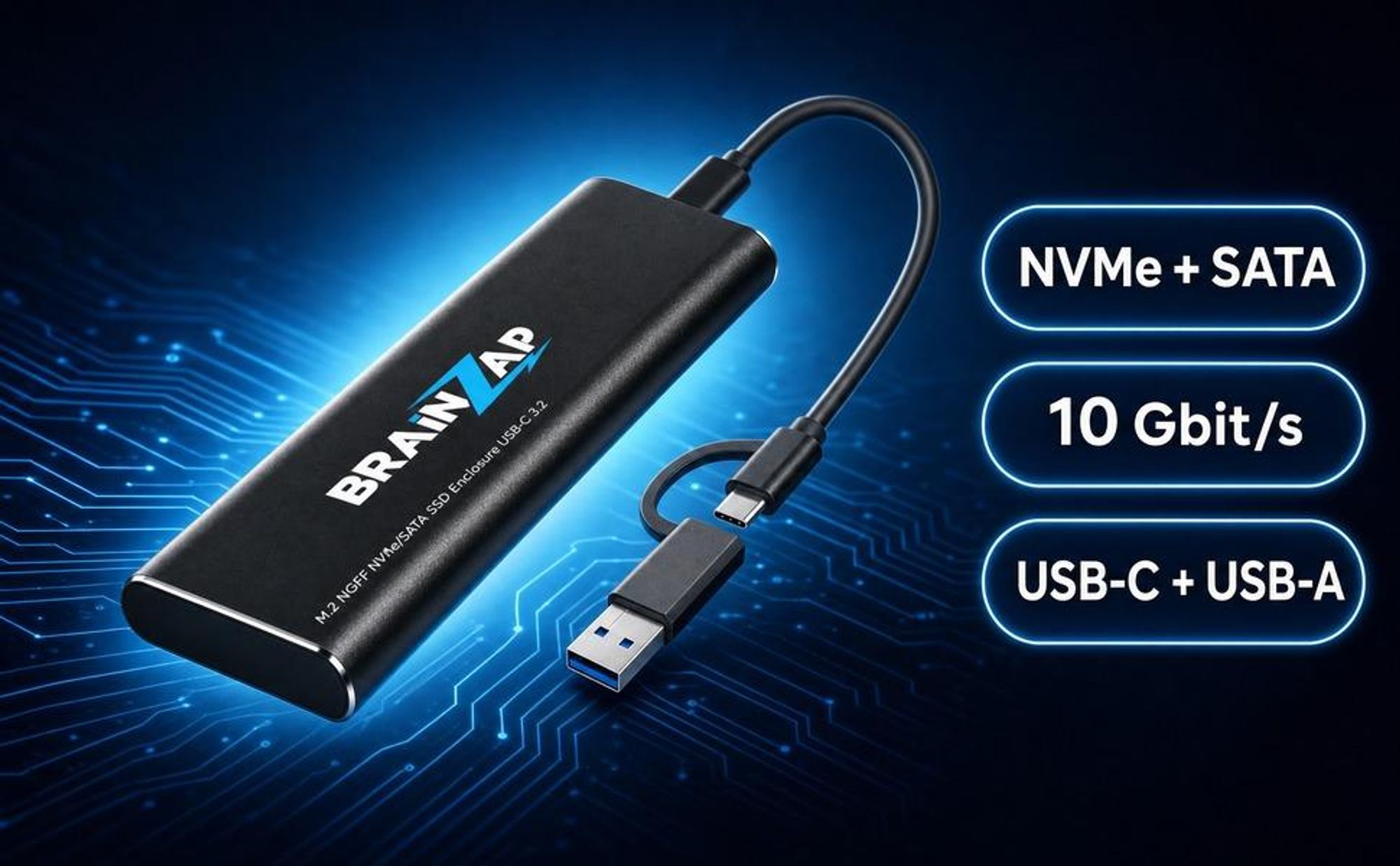 BRAINZAP M.2 M2 NGFF NVMe + SATA III Externes SSD Gehäuse Case Adapter M-Key M+B Key USB-C USB 3