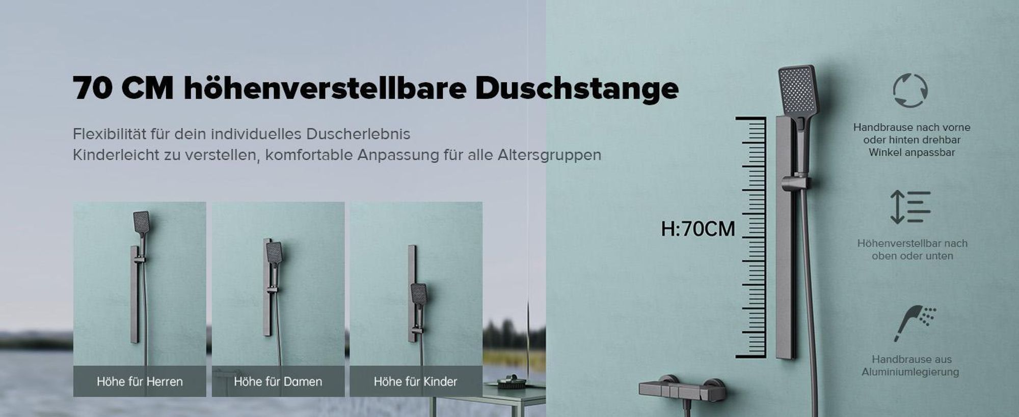 doporro Duschsystem mit Duscharmatur Duschgarnitur mit Regendusche und 3 Strahlarten Duschkopf Dusche komplett Höhenverstellbar Grau  Arvexa-02