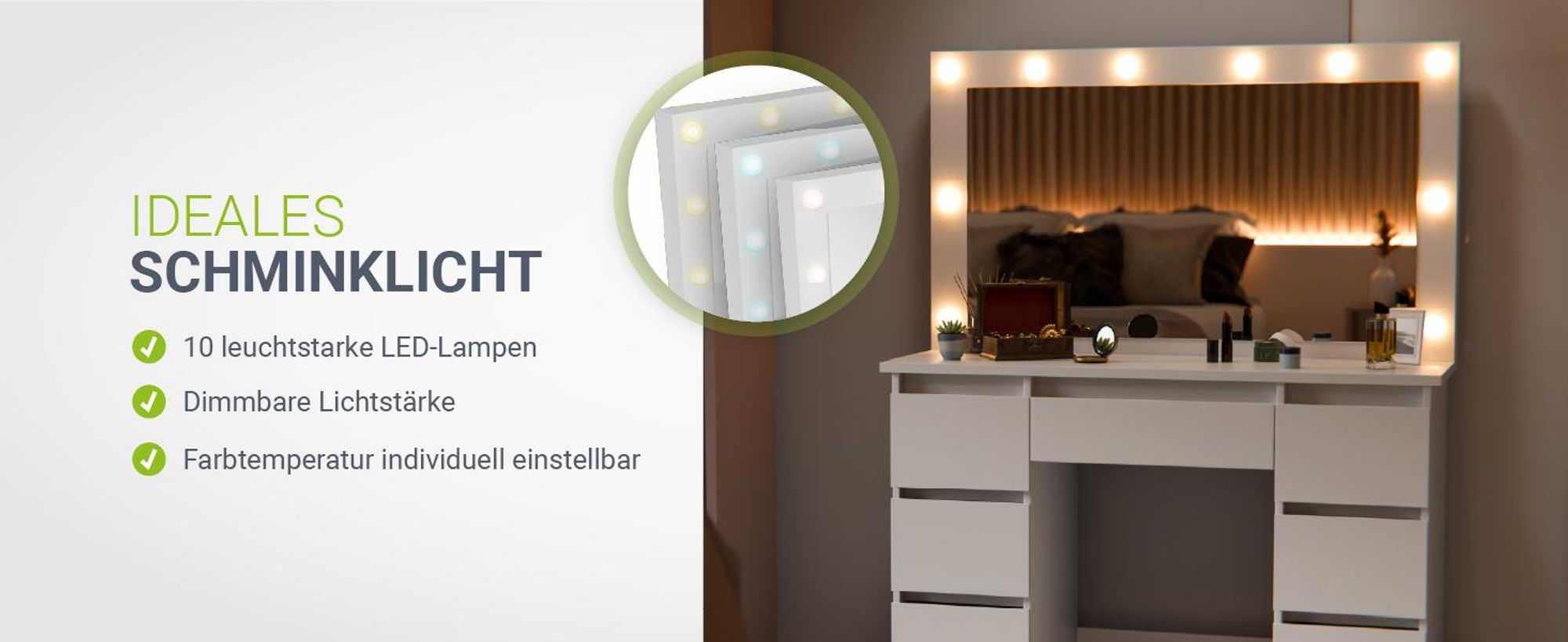 Juskys Schminktisch Lilia mit LED, 7 Schubladen & großem Spiegel – Weiß