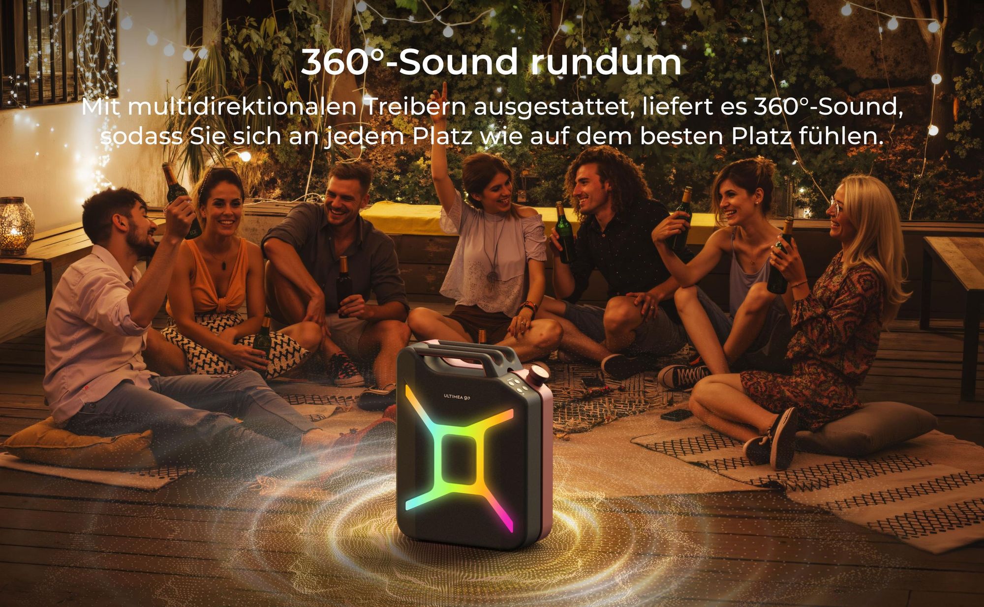 ULTIMEA Go tragbarer Party-Lautsprecher, 300 W Bluetooth PartyBox mit Bass-Boost, RGB-Beleuchtung, Mikrofon-/Gitarreneingang, Party & Outdoor, Rot