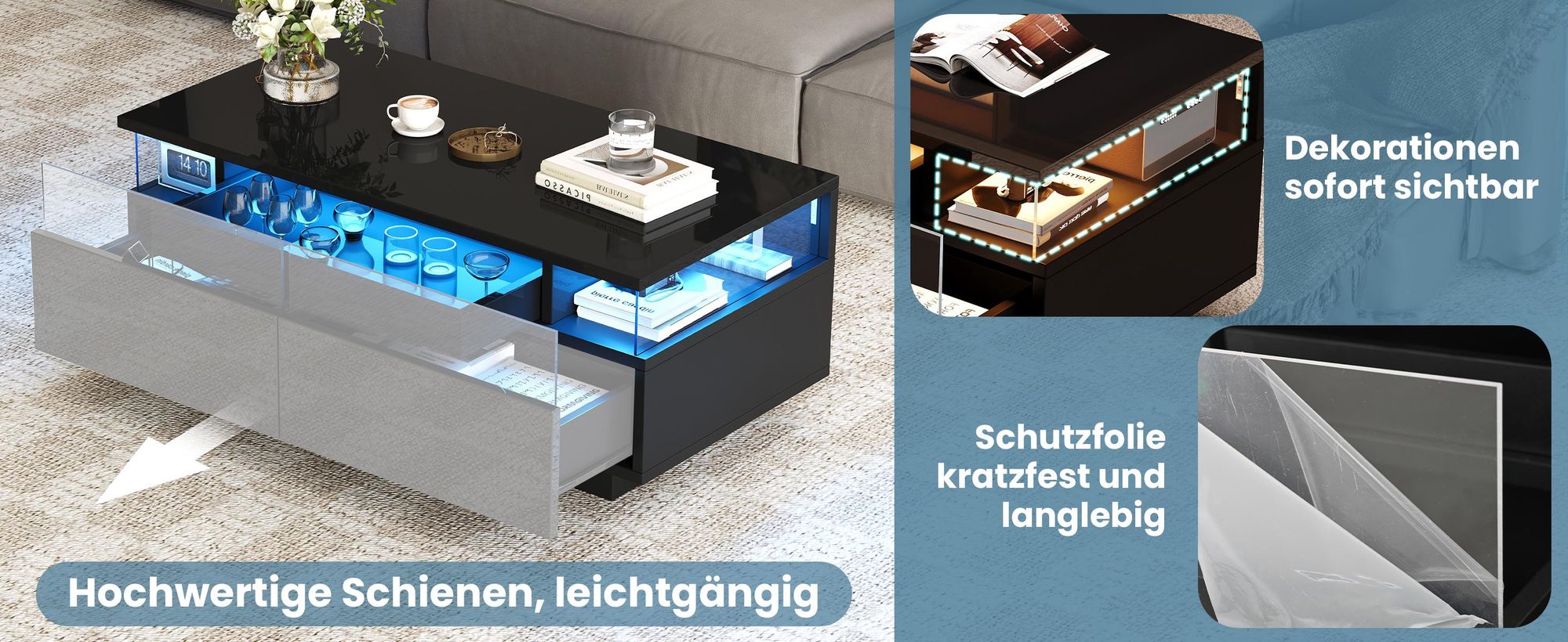 MODFU Couchtisch schwarz mit 2 Schubladen,Kaffeetisch Sofatisch mit stauraum und LED-Licht,Hochglanz-Beistelltisch aus gehärtetem Glas,90×45×35.5cm