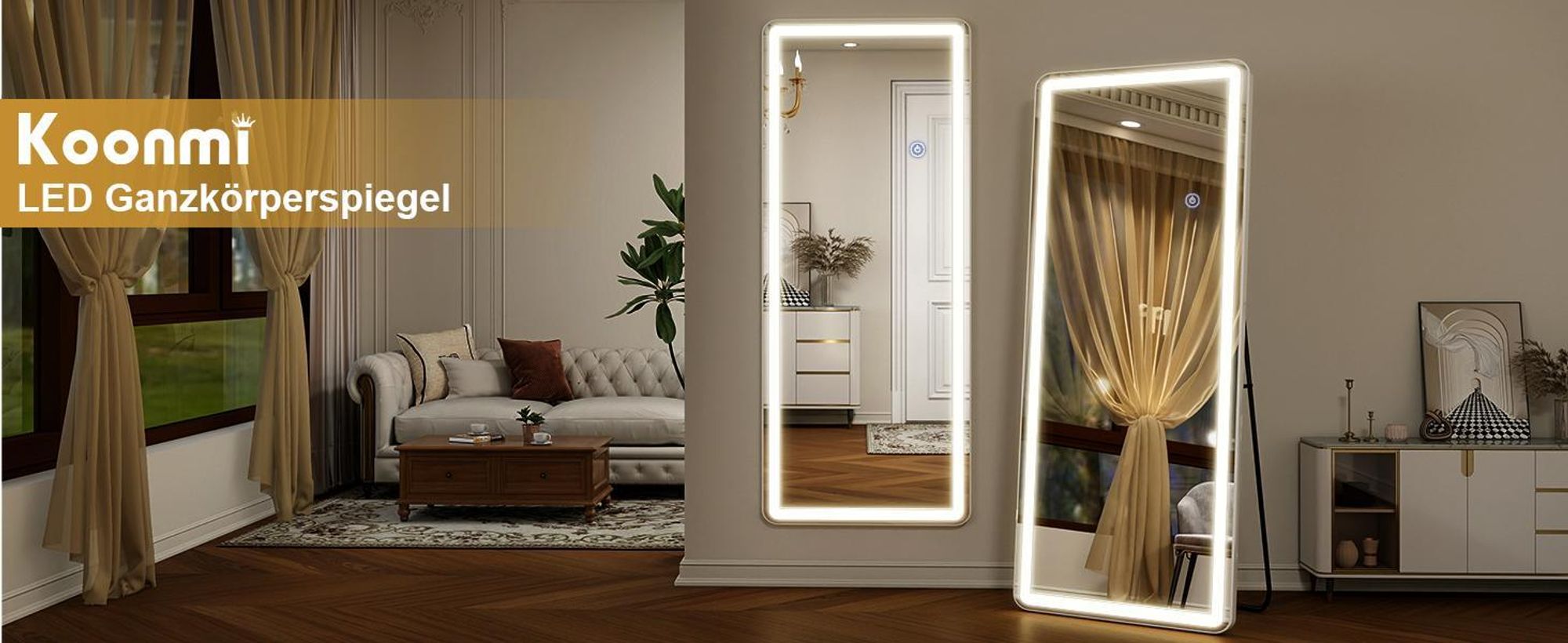 Koonmi LED Ganzkörperspiegel 180 x 66 cm stabiler Rahmen mit Touch, LED Spiegel mit Touchsteuerung, 3 Lichtfarben und beschlaghemmender