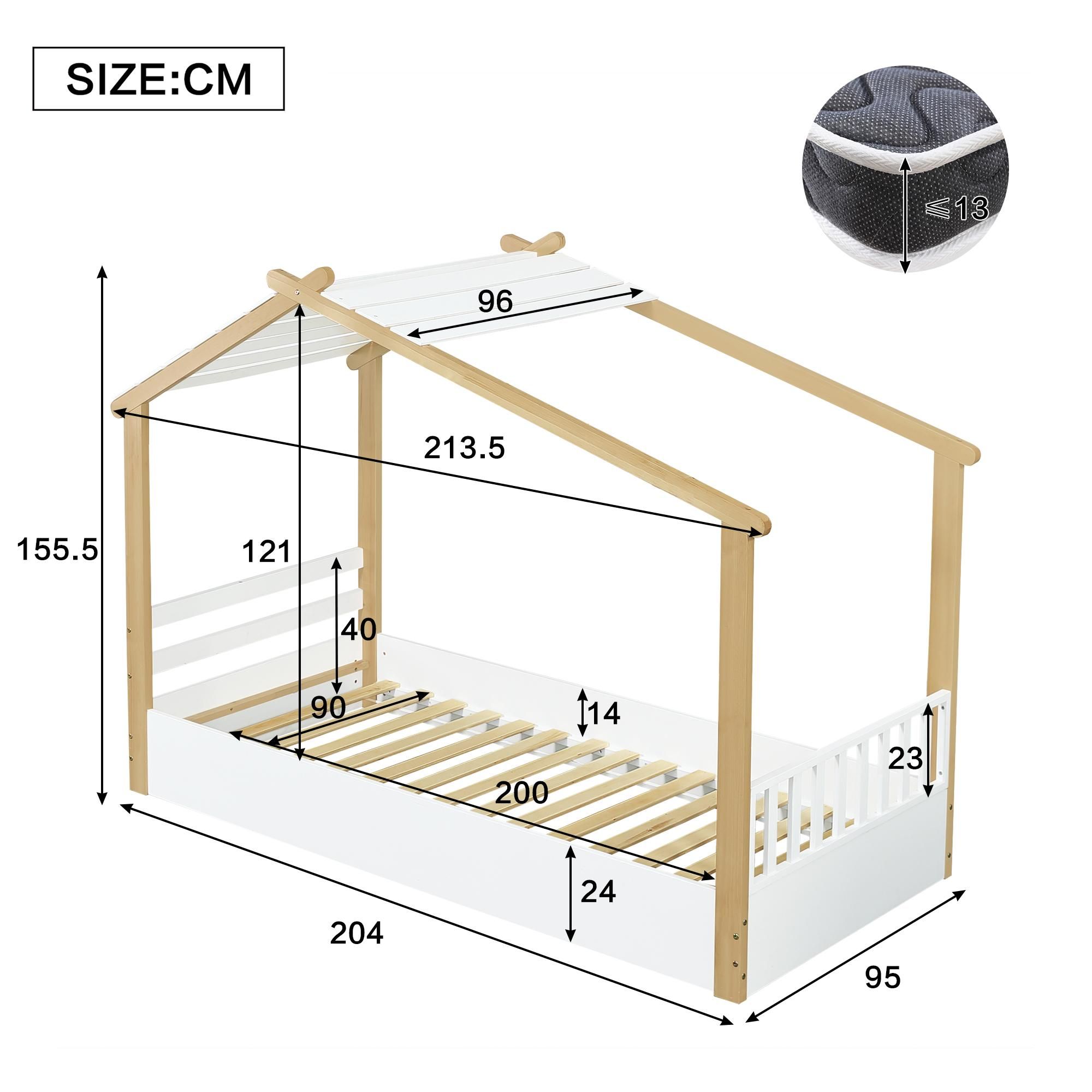 Flieks Kinderbett Hausbett 90x200cm mit Lattenrost, Holzbett Einzelbet für Kinderzimmer, Klassisches Kinderbett, Naturbelassen
