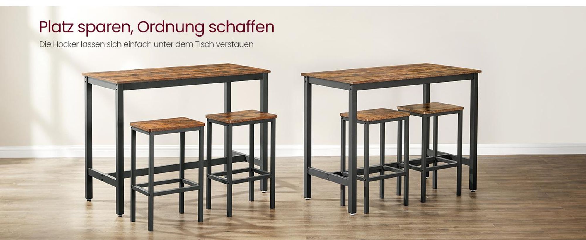 VASAGLE Bartisch Bartisch-Set, Esstisch(120 x 60 x 90 cm) mit 2 Barhochern