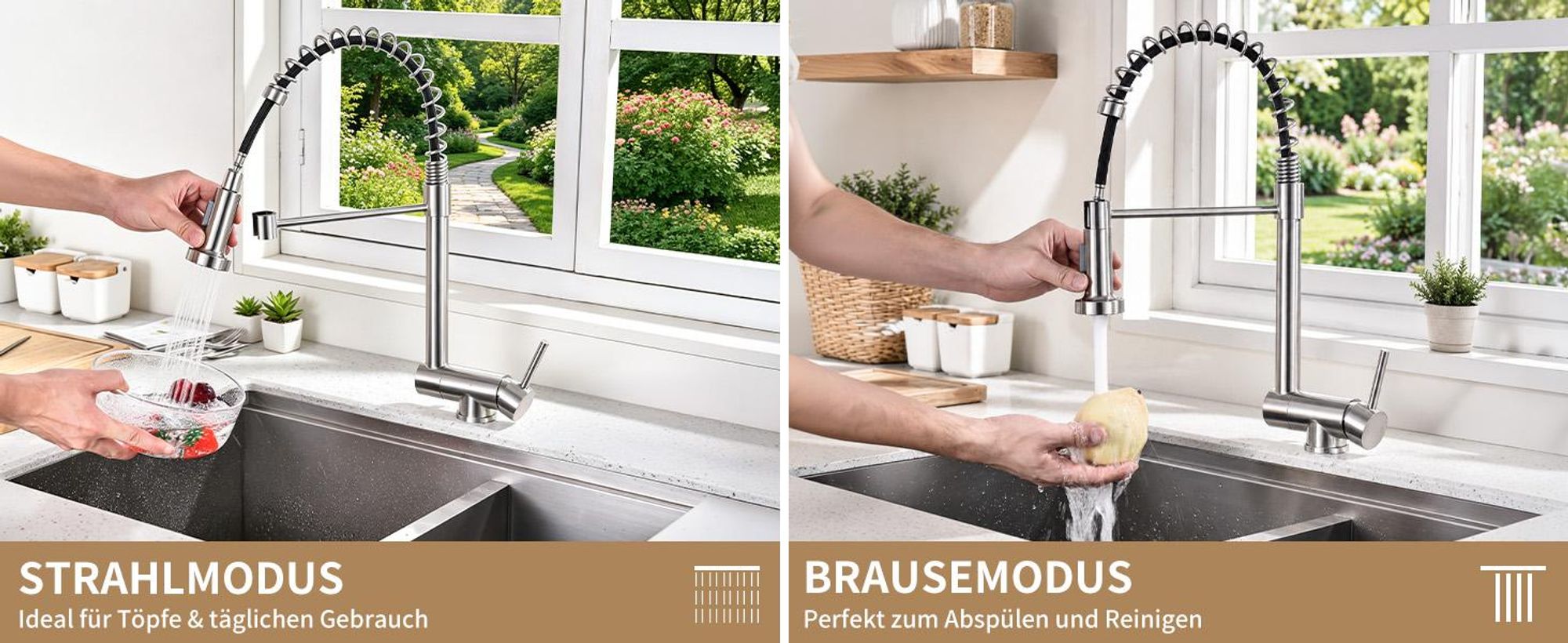 Homelody Vorfenster Küchenarmatur 90° Faltbar 360° Drehbare Hochdruck Edelstahl 304 Wasserhahn Küche mit Brause Ausziehbar 2 Strahlarten Gebürstet