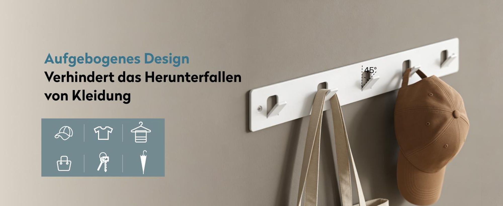 doporro Garderobenleiste mit 5 Haken, Wandgarderobe mit Garderobenhaken, Kleiderhaken Wand, Hakenleiste, selbstklebend oder zum Bohren, Weiß, Stalo-14