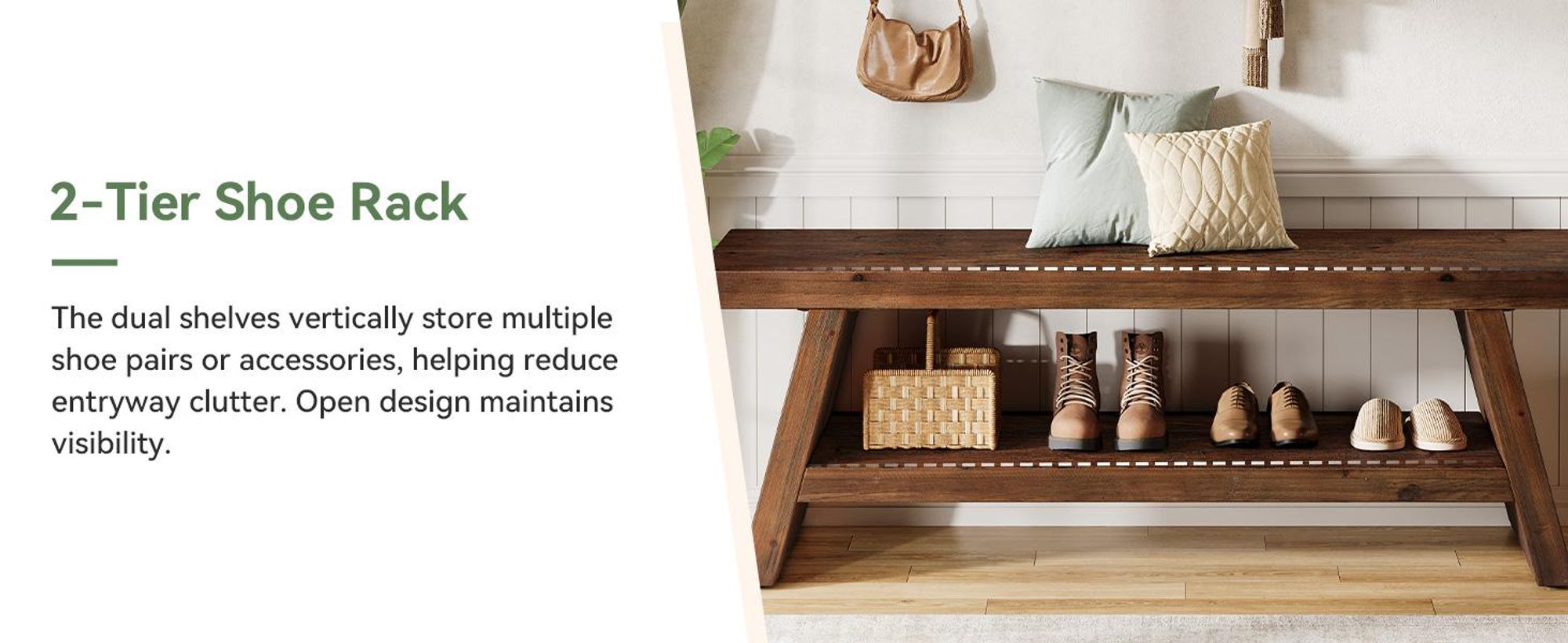 Tribesigns 2-stöckige Eingangsbank, Flur Foyer Massivholz Sitzgelegenheit mit offenen Regalen, Holz Schuhbank Indoor für Eingangsbereich, Wohnzimmer