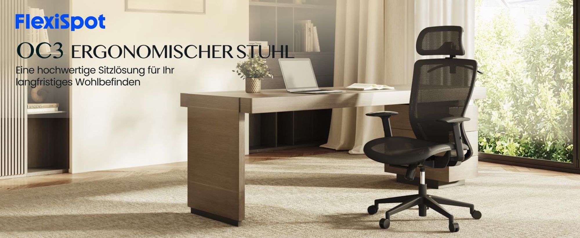 FlexiSpot OC3 Ergonomischer Bürostuhl, Schreibtischstuhl mit 2D-Kopfstütze, dynamischer Lendenstütze und verstellbaren Armlehnen, atmungsaktiv Schwarz
