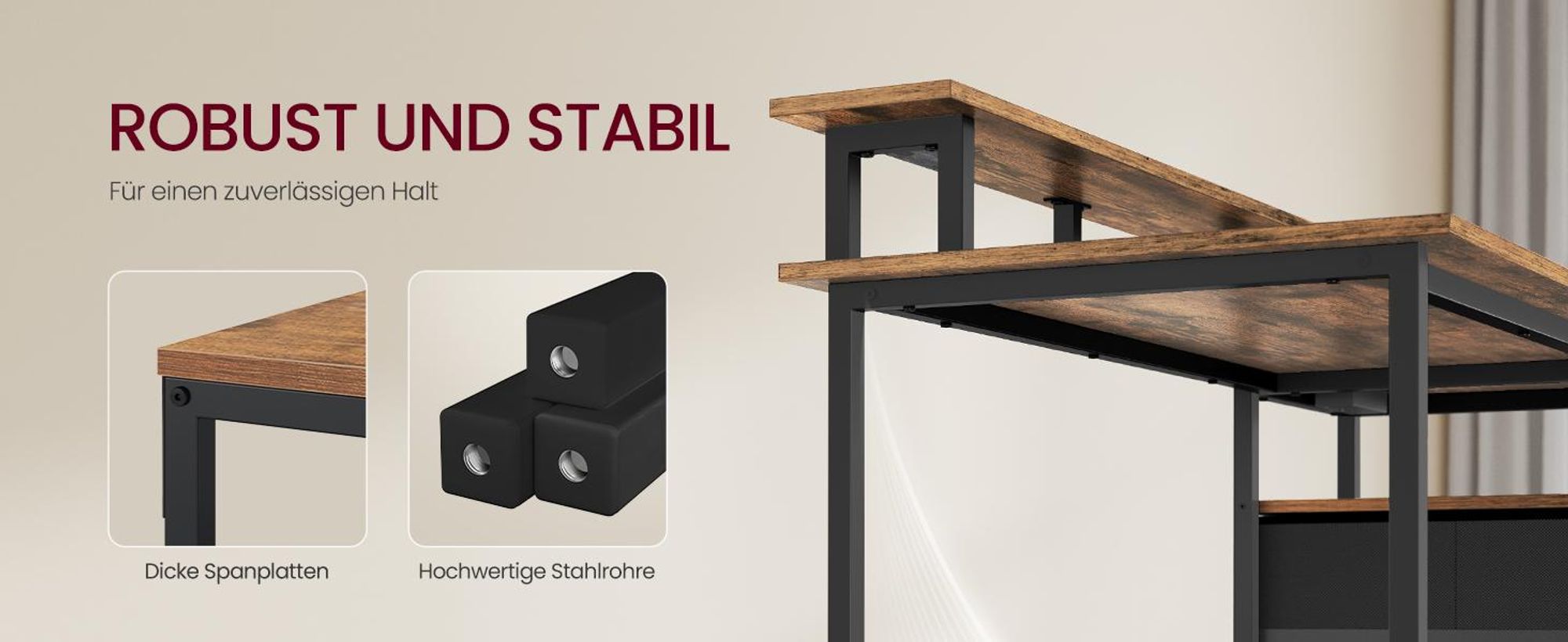 VASAGLE Schreibtisch mit Stoff-Schubladen, Computertisch mit Monitorständer, Bürotisch, 2 AC-Steckdosen, 2 USB-A-Anschlüsse, für Homeoffice, 140 cm