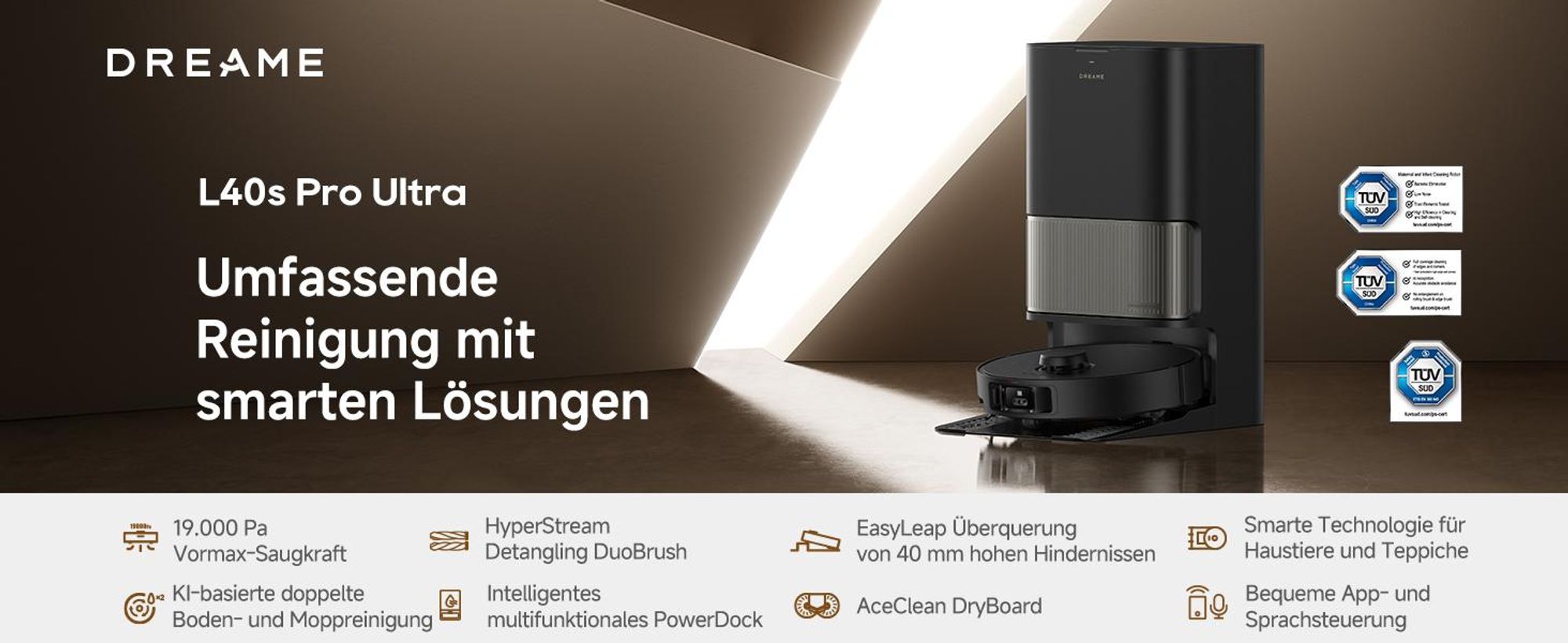 Dreame L40s Pro Ultra Staubsauger Roboter, selbstreinigende Ausfahrbare Wischmopps,19000Pa Saugkraft,Detangling DuoBrush,Hindernisvermeidung, Schwarz
