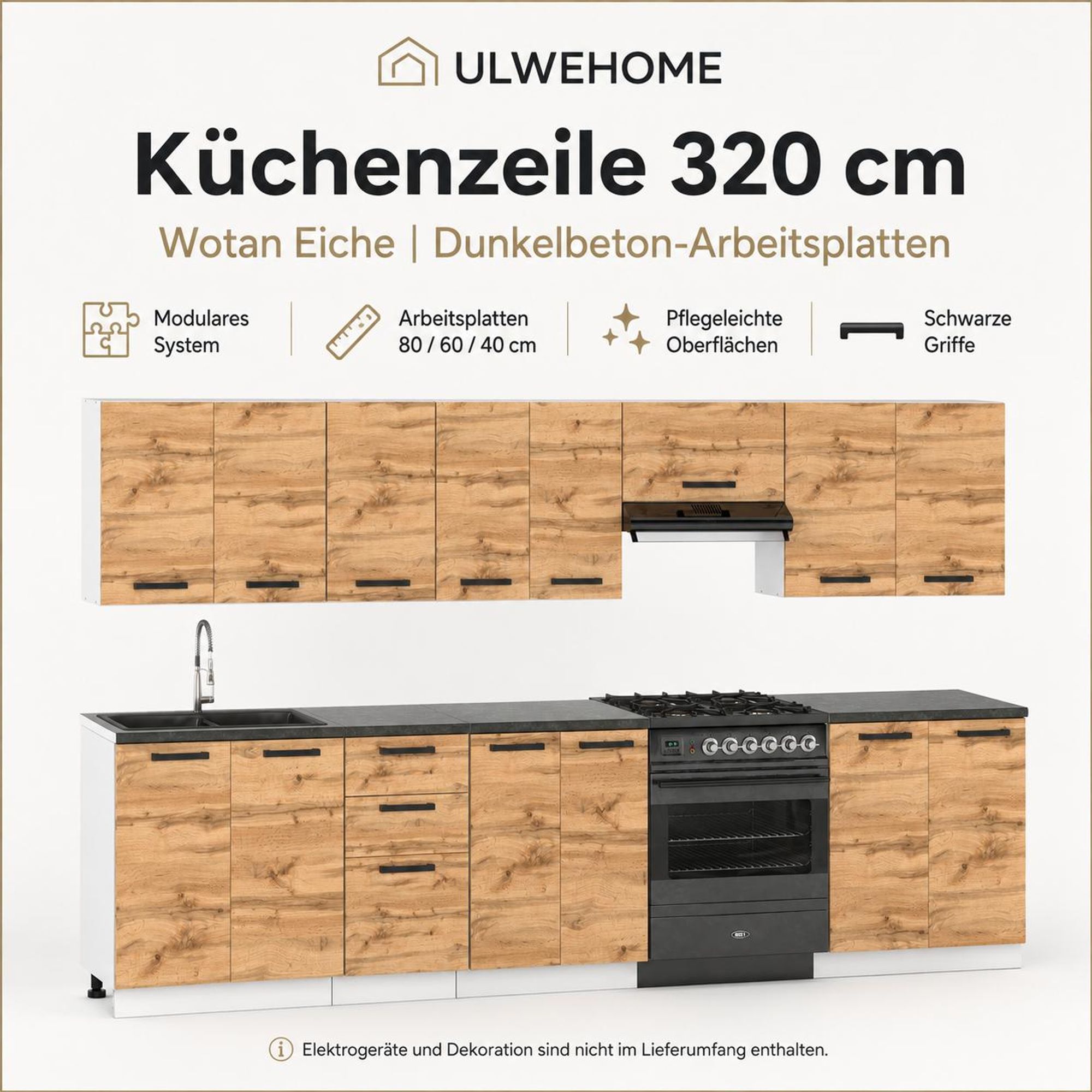Küchenzeile 320 cm Wotan Eiche mit Arbeitsplatte Dunkelbeton & Griffe