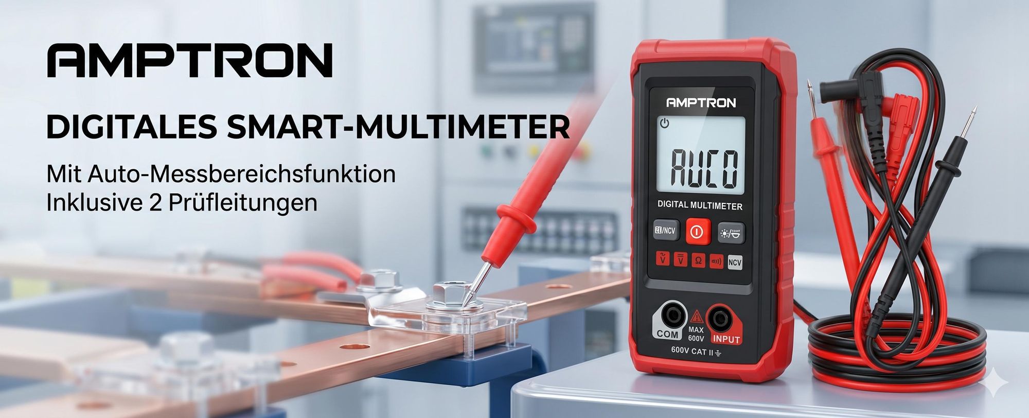 Digitales Spannungsmessgerät mit 2 Prüfleitungen, Digigtales Multimeter, Spannungsprüfer - AMPTRON