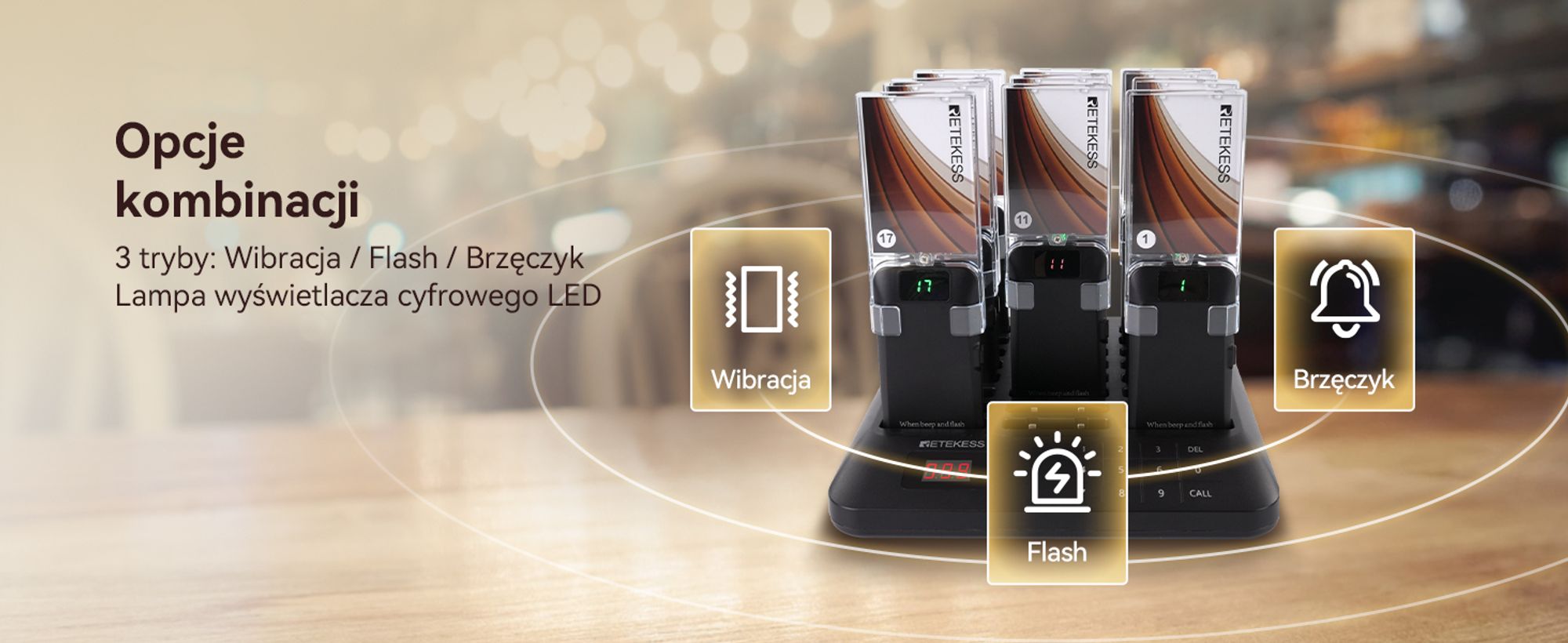 Retekess TD157A System przywoławczy pager, 800M, 39 trybów wywoływania, bateria 300 mAh, wymienny billboard, system przywoławczy dla gastronomii, burgerowni, 24 pagery
