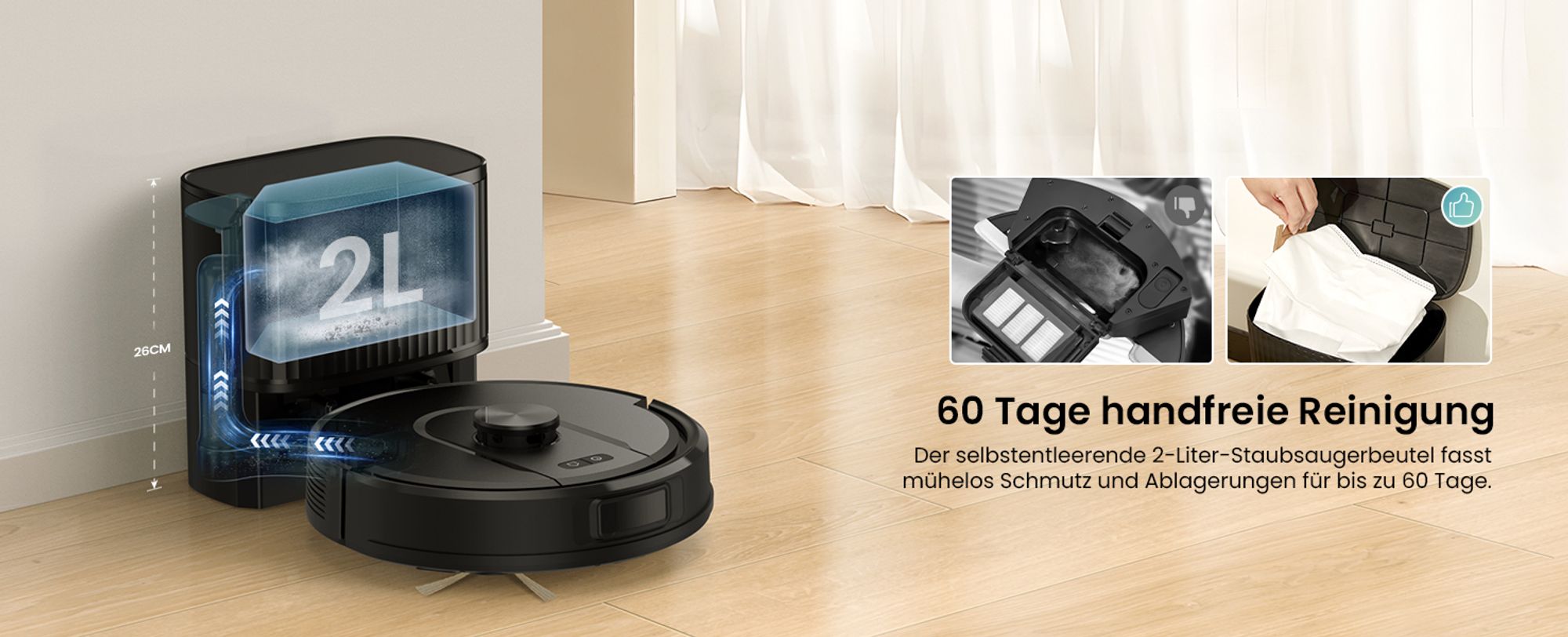 Vactidy W11 3-in-1 Staubsauger Roboter Saugroboter mit Wischfunktion, 2 L Staubsaugerbeutel