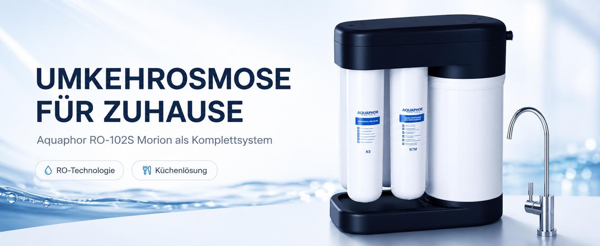 AQUAPHOR RO-102S Umkehrosmoseanlage mit 1 Wege Wasserhahn Trinkwasserfilter Reverse Osmosis System 100 GPD Membran für 380 Liter am Tag