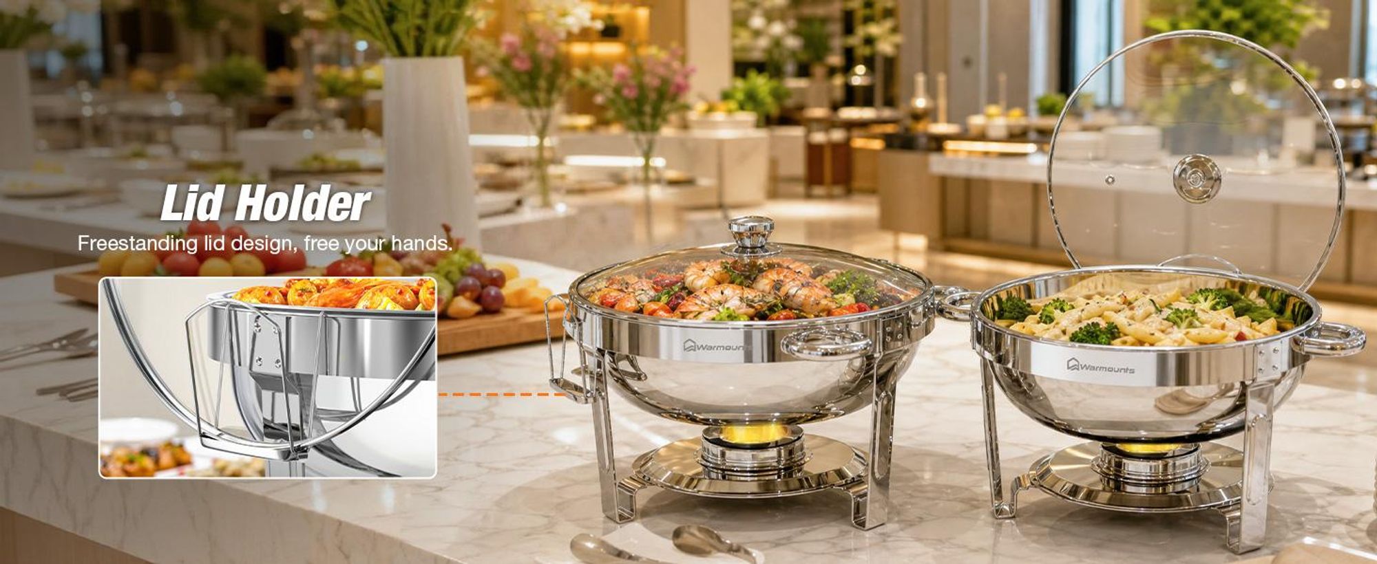 Warmounts 4er-Set Runde Chafing Dishes Buffetwärmer 4,7L mit Glasdeckel, Edelstahl poliert, Stapelbar, Deckelhalter, Speisenwärmer für Party