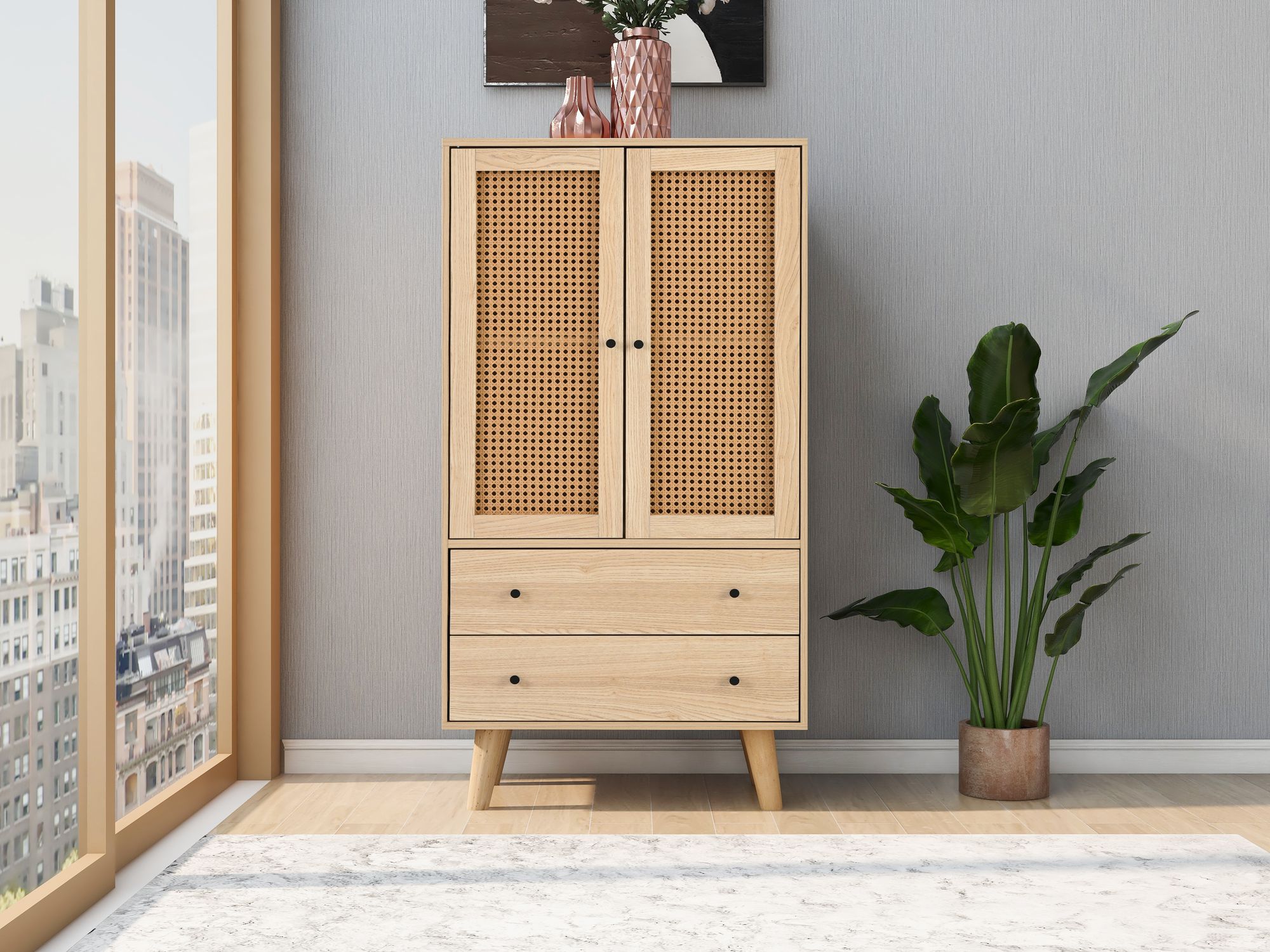 Merax Kommode Highboard mit 2 Türen Rattangeflecht und 2 Schubladen, Sideboard aus Holz Stehschrank, 60x40x120cm, Eiche