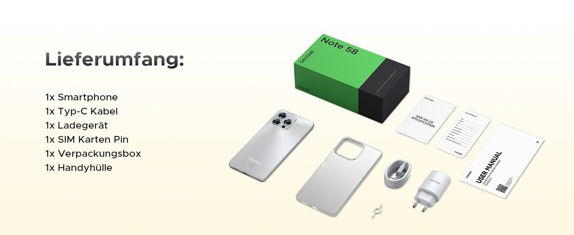DOOGEE Note 58 Smartphone Handy, Android 16, 6,75" 90Hz, 6250mAh Akku, 32GB RAM+128GB ROM, 4G, 16MP, NFC, Gesichtserkennung, ohne Vertrag