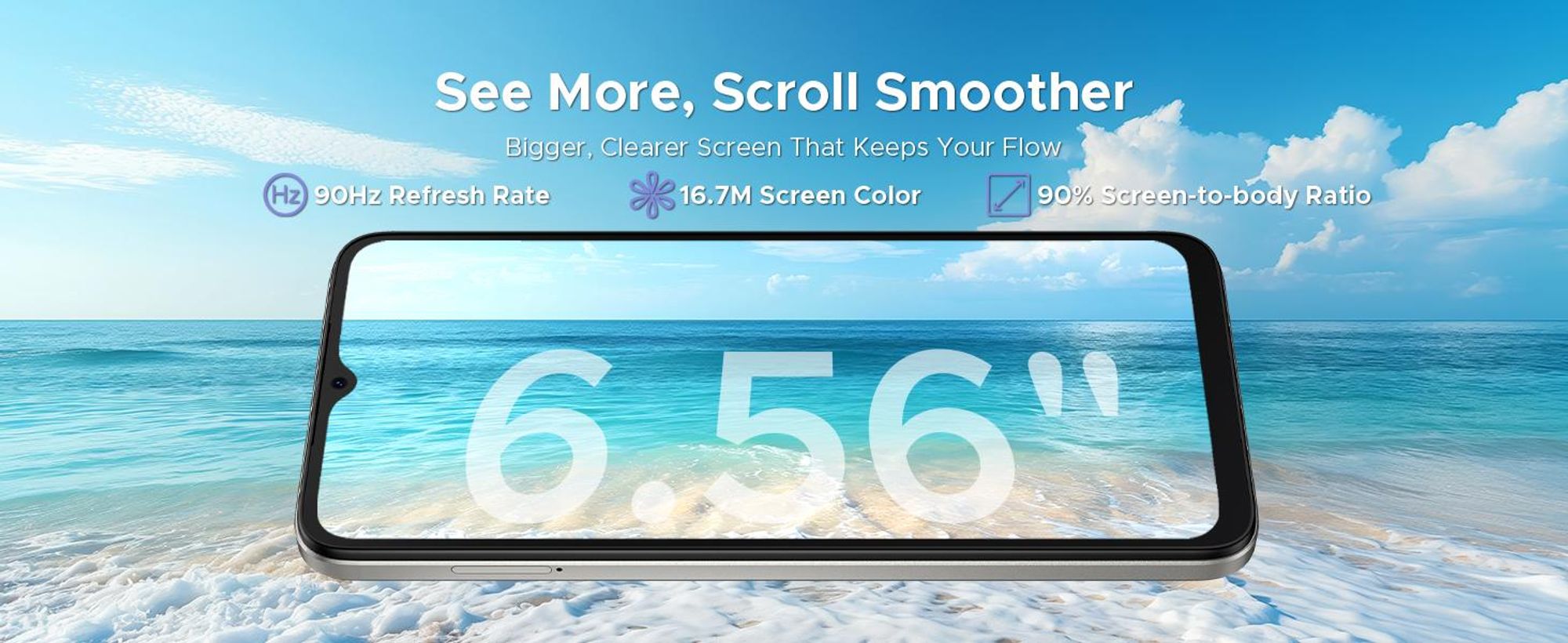 DOOGEE Note56 Plus, smartphone, Android 16, 6,56" displej s obnovovací frekvencí 90 Hz, baterie 6150 mAh, 48 GB RAM + 256 GB úložiště, 4G, 50 MP fotoaparát, NFC, čtečka otisků prstů, rozpoznávání obličeje, bez smlouvy